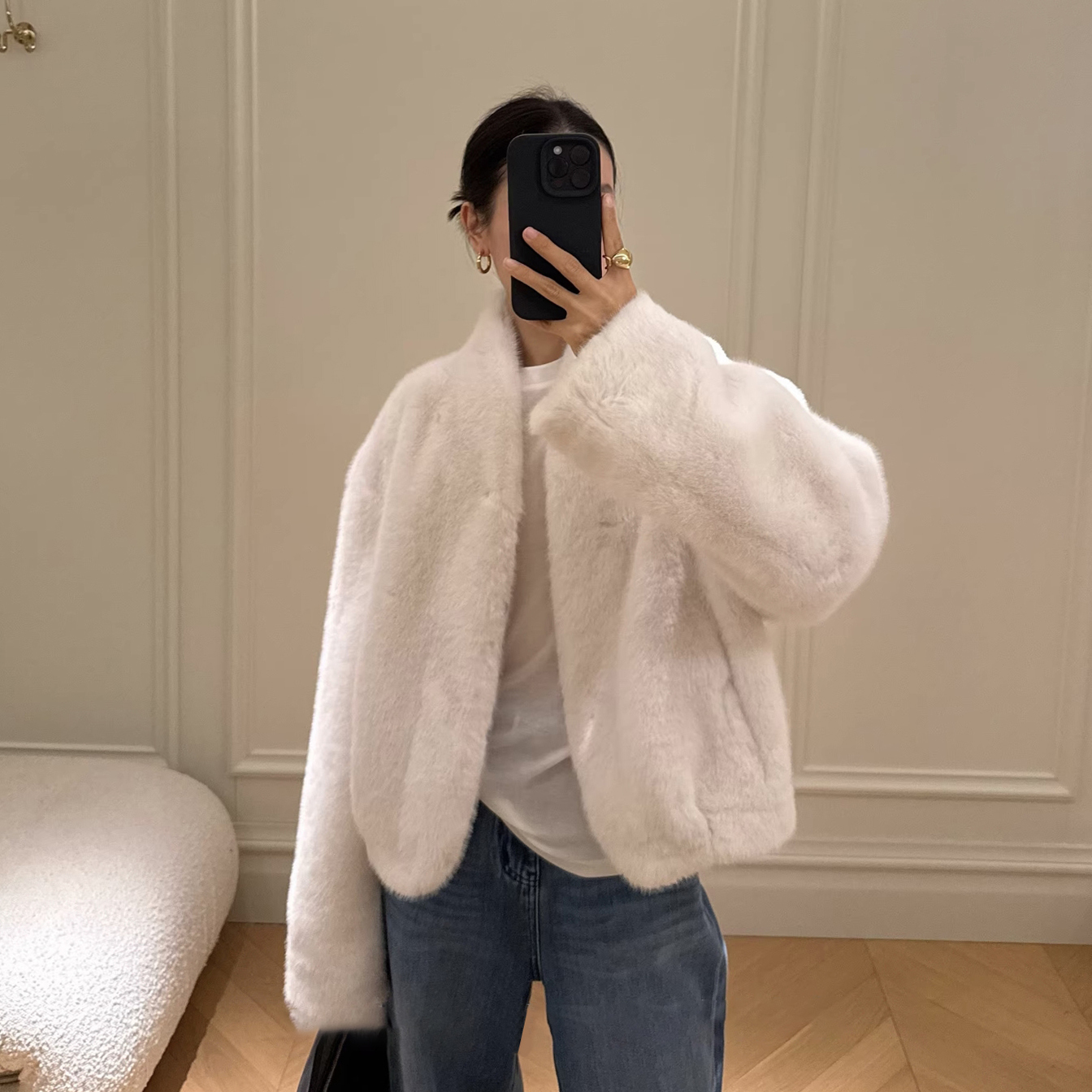 舒適柔軟毛絨絨無領皮草外套-F / 3色 (Elegant & Love)