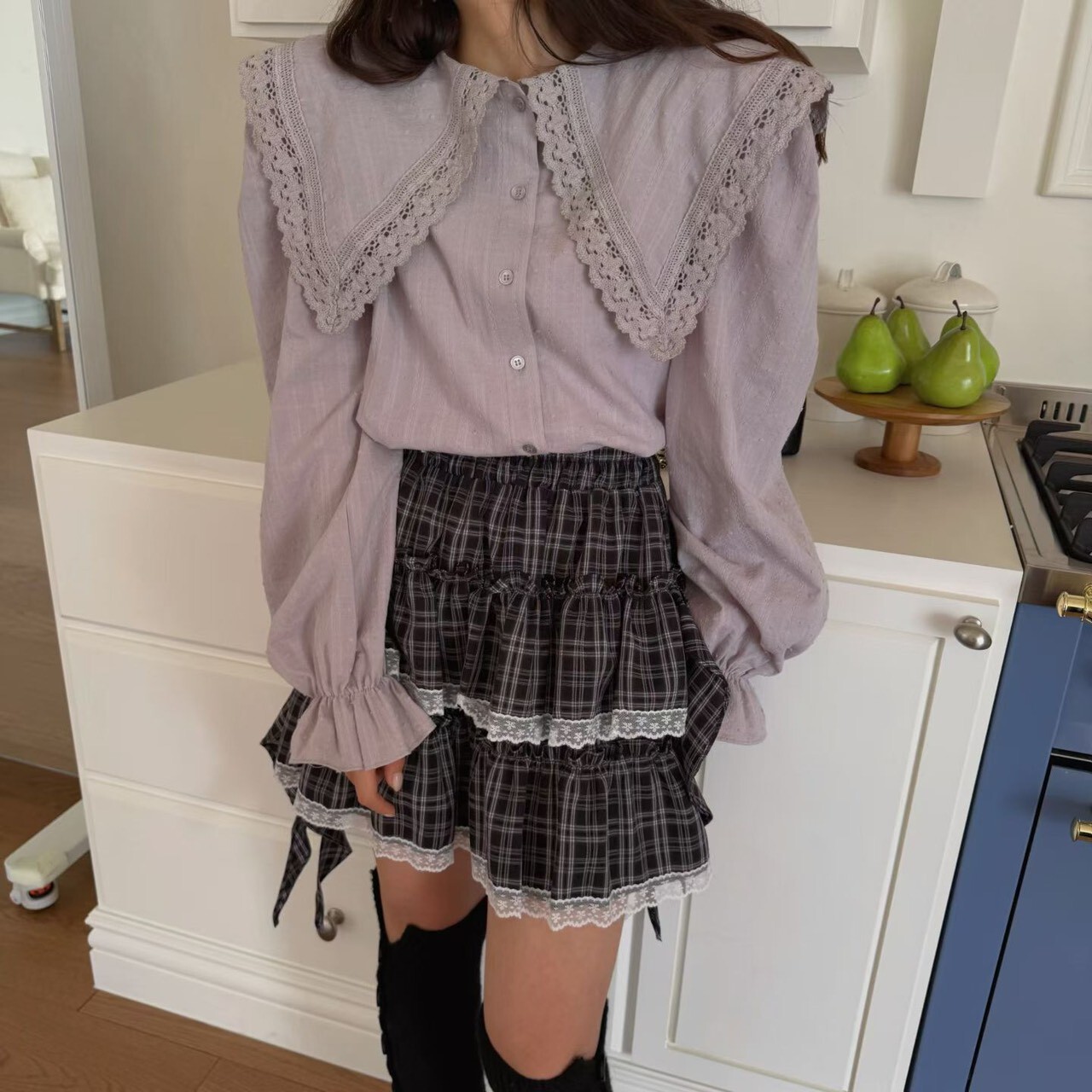 飄帶格子鬆緊裙