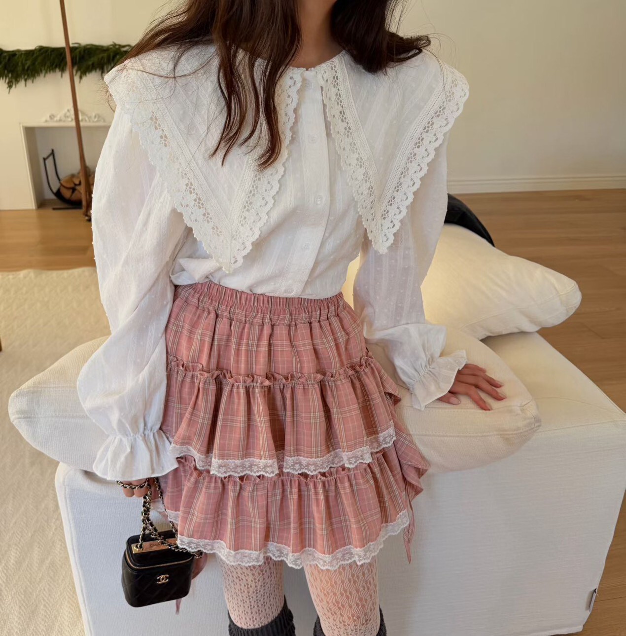 飄帶格子鬆緊裙