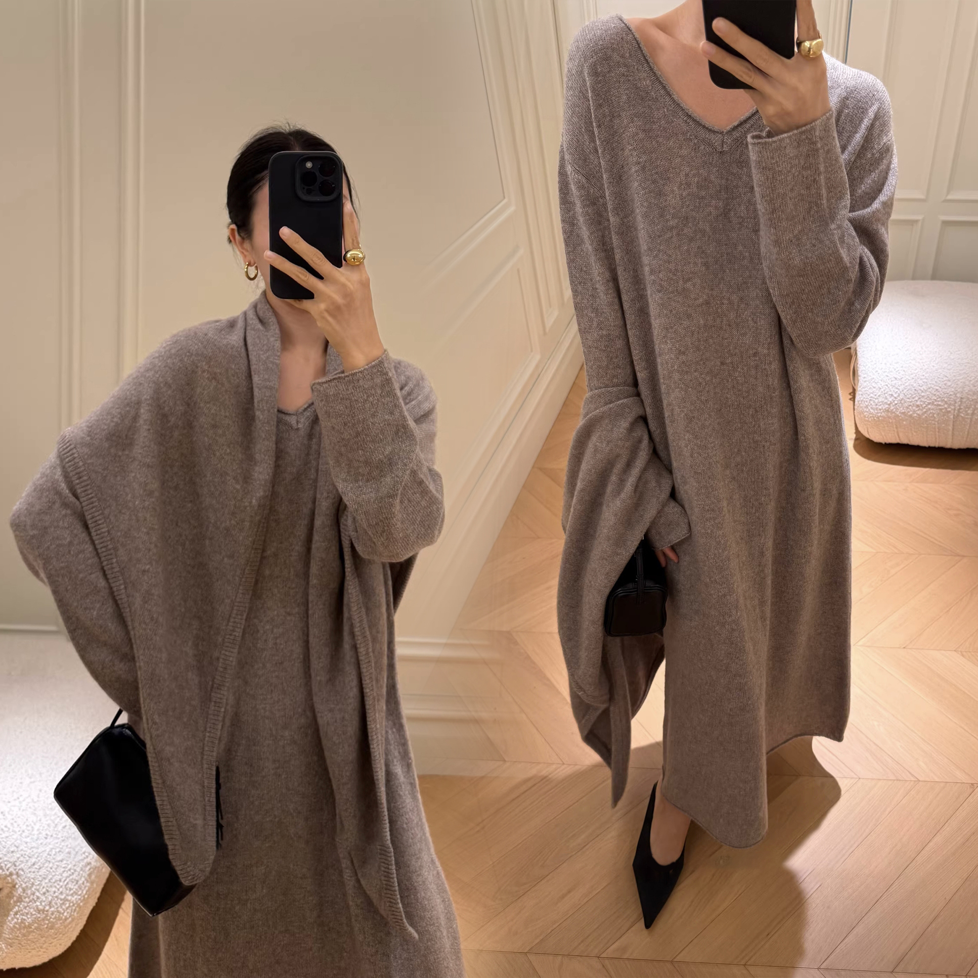 氣質感V領針織長洋裝+同色系披肩-SET-F / 3色 (Elegant & Love)