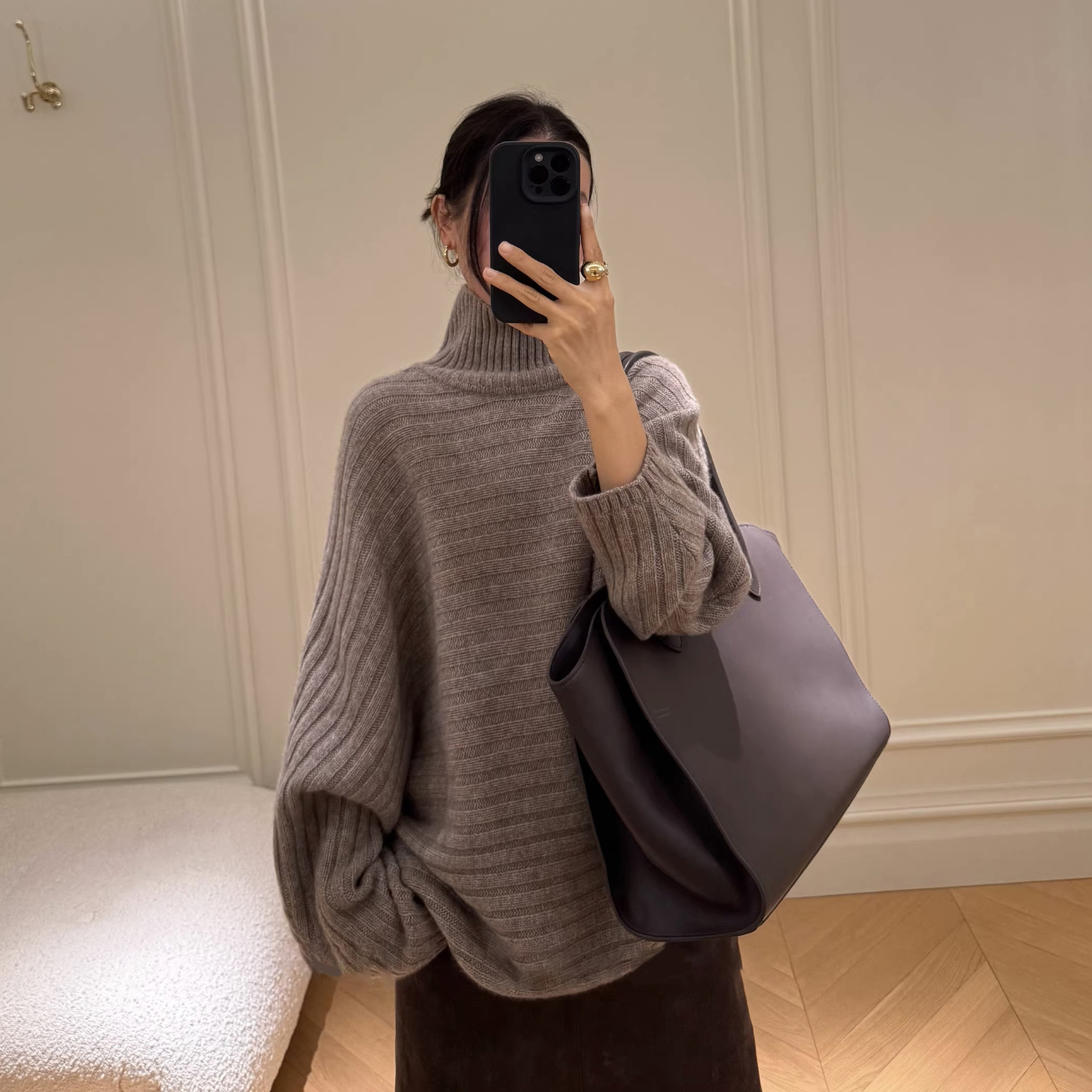 橫向織紋感斗篷高領針織上衣毛衣-F / 2色 (Elegant & Love)