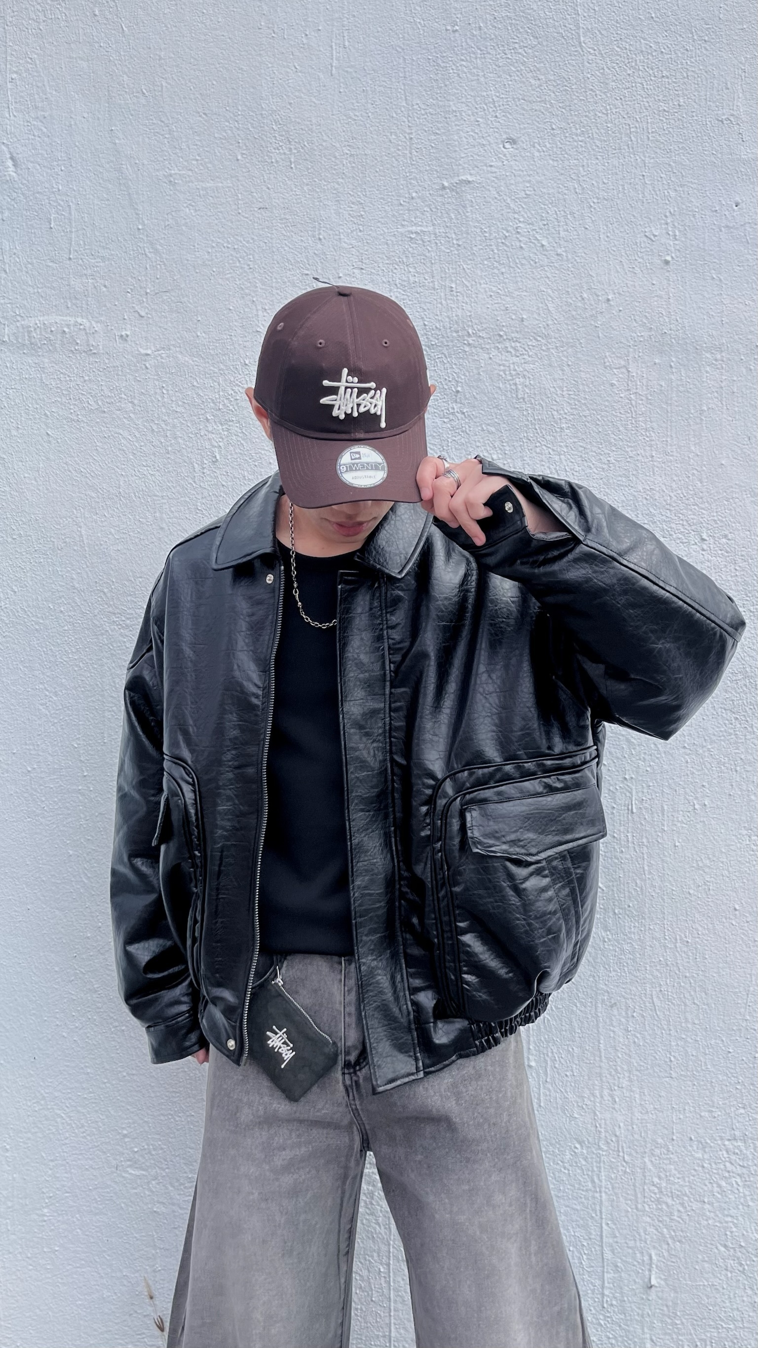 雙口袋廓形皮外套