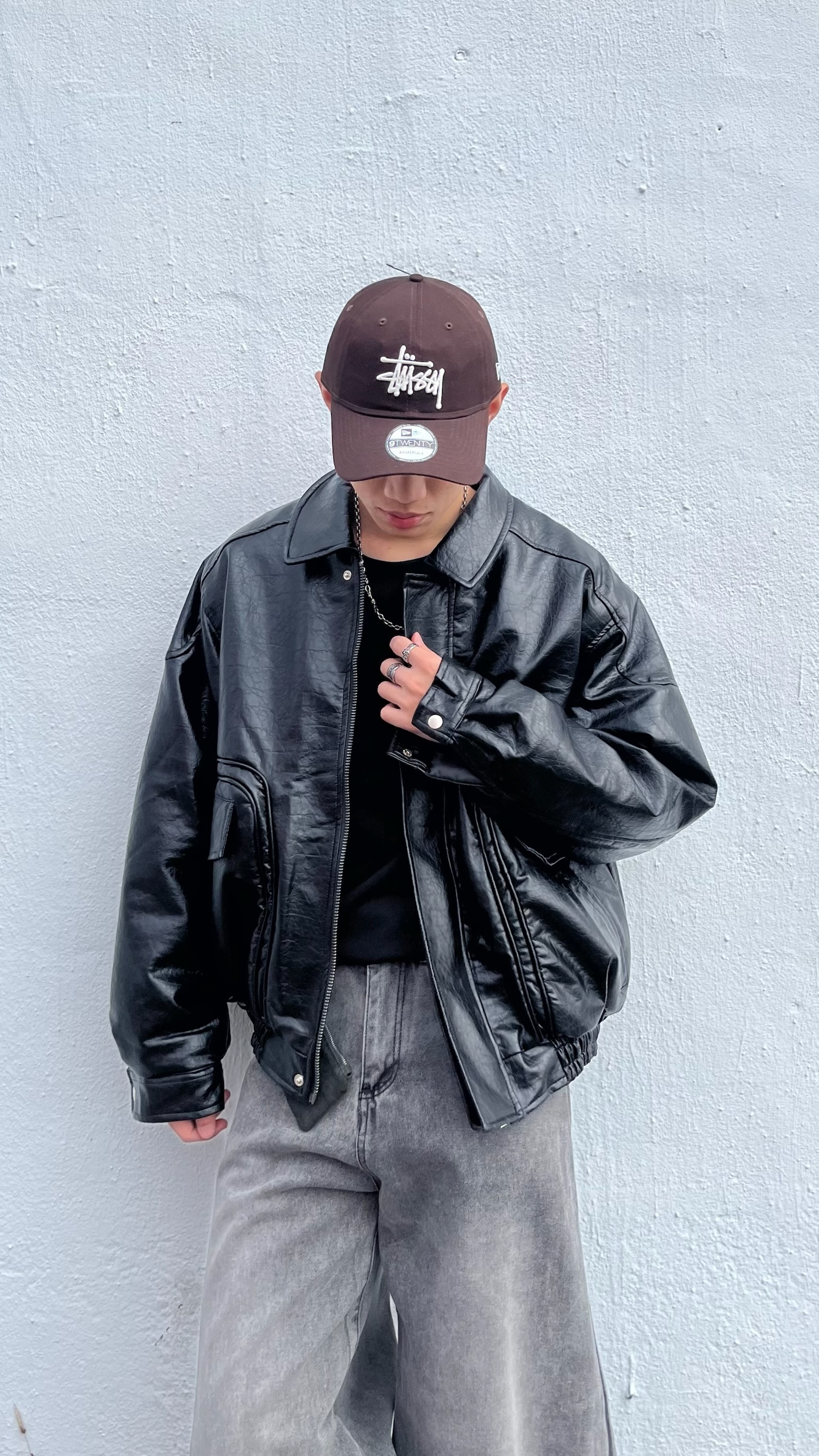 雙口袋廓形皮外套