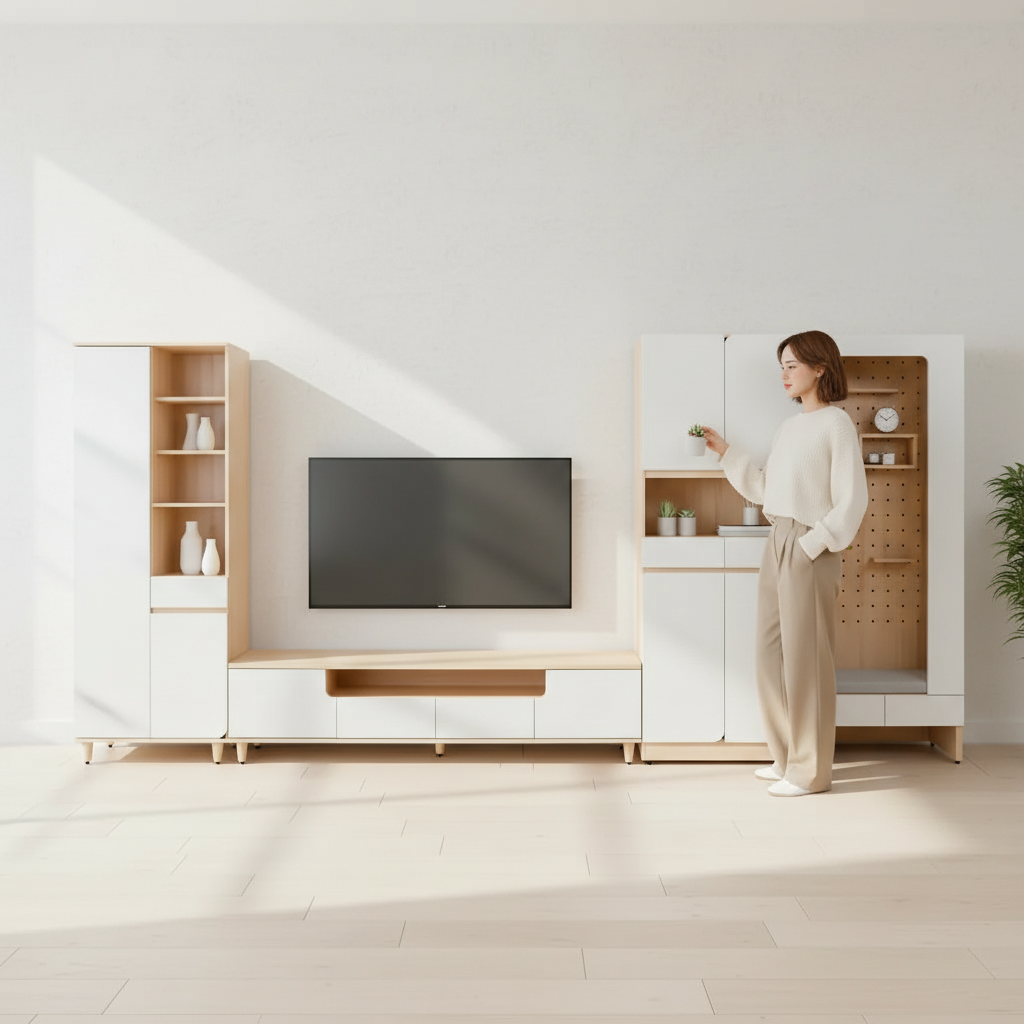 【水立方】輕奢客廳模組櫃｜展示櫃 x U型電視長櫃｜優雅收納，可加購岩板檯面升級