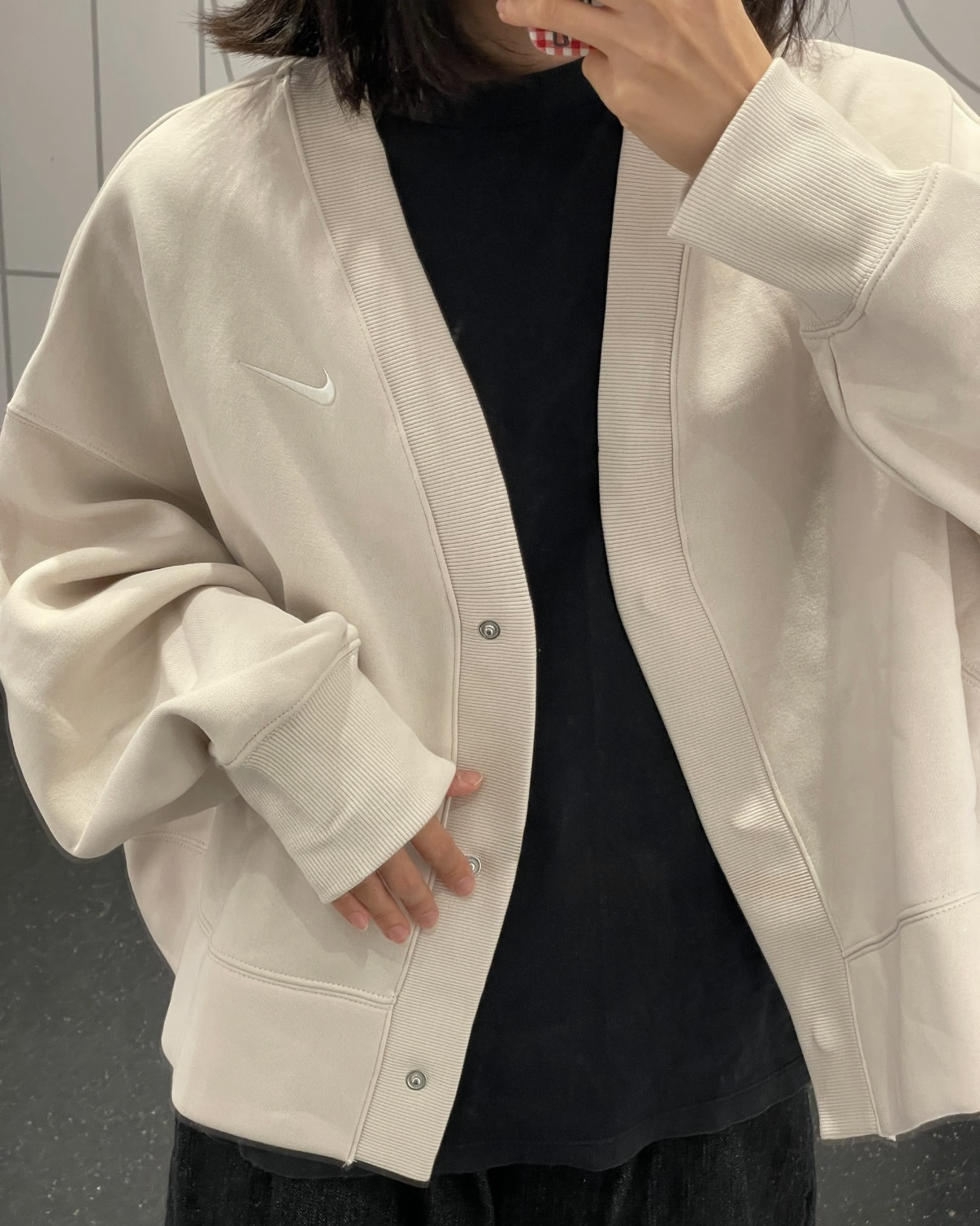 Nike Sportswear V領外套 開襟 米白色 小絨毛 休閒 寬鬆 女款