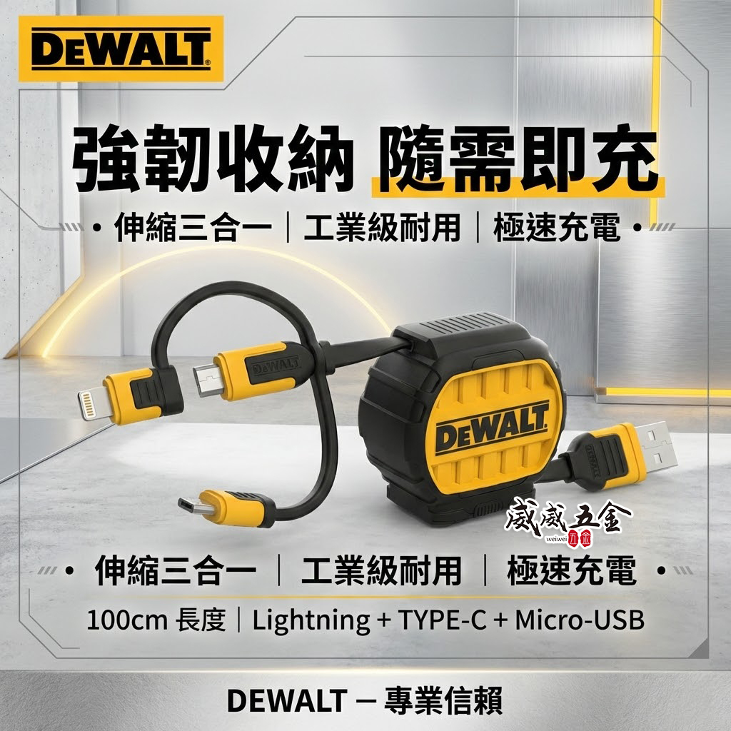 DEWALT 得偉 美國｜3合1 可伸縮充電線 1M｜Lightning / Type-C / Micro-USB｜DXMA1311364E
