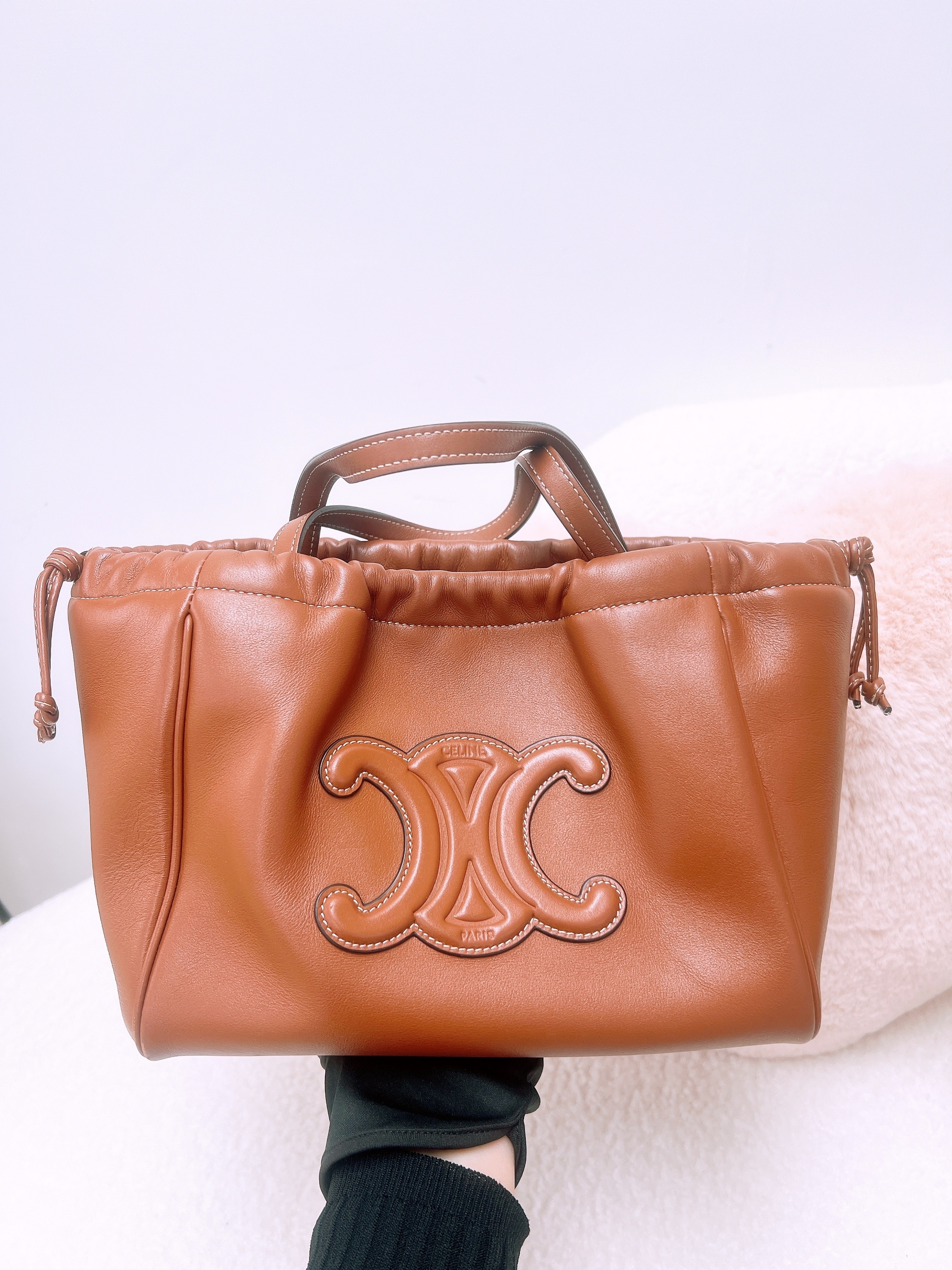 Celine triomphe drawstring cabas tan