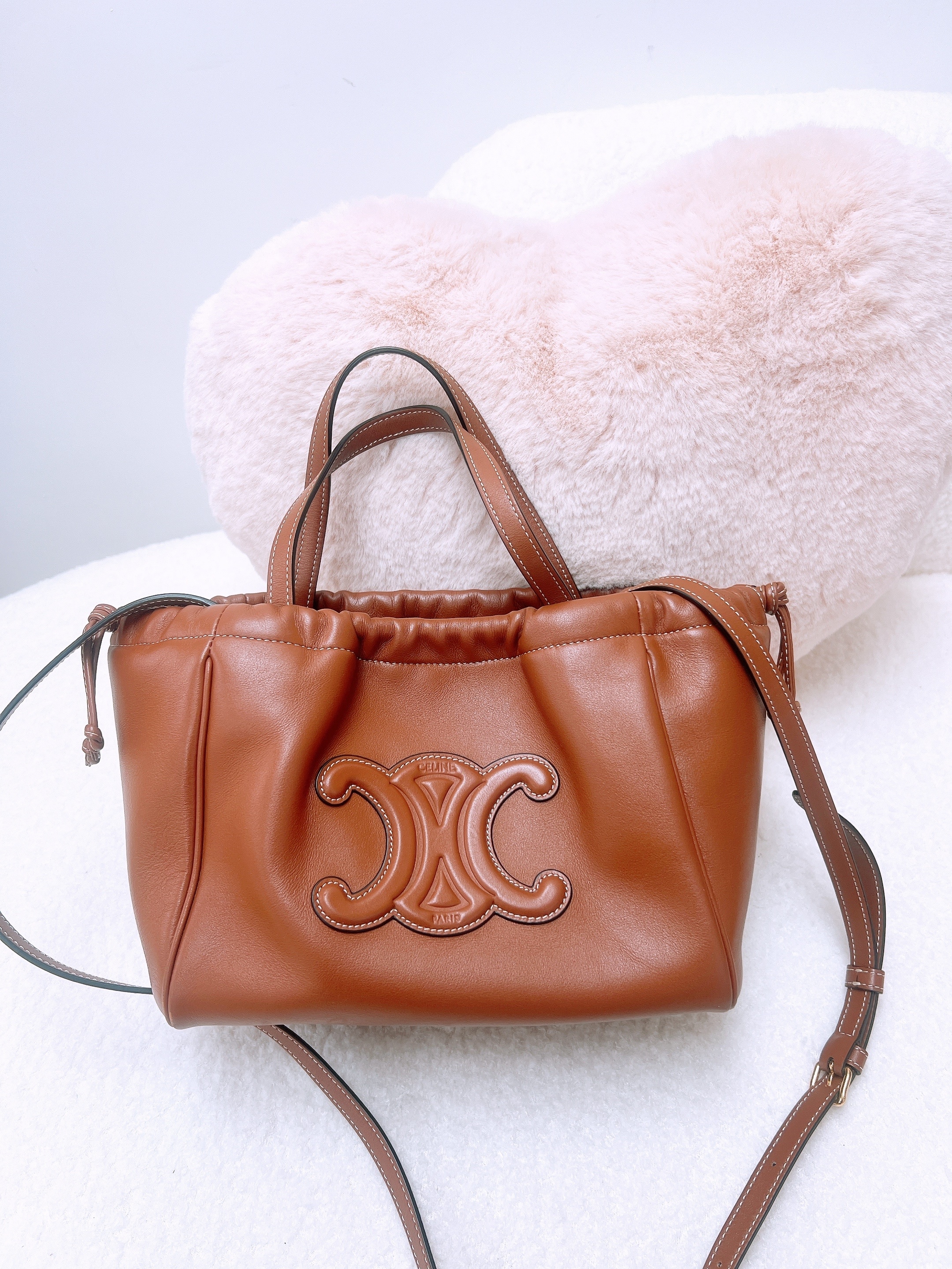 Celine triomphe drawstring cabas tan