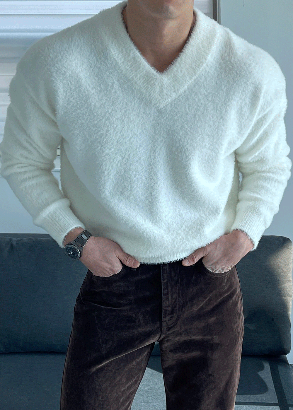 安哥拉短款V領針織衫