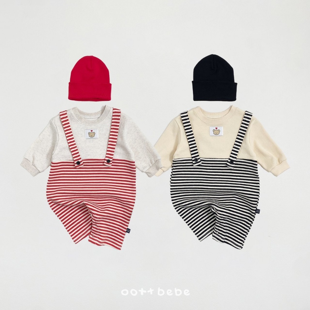 正韓春oottbebe 嫩嬰條紋吊帶包屁褲套裝