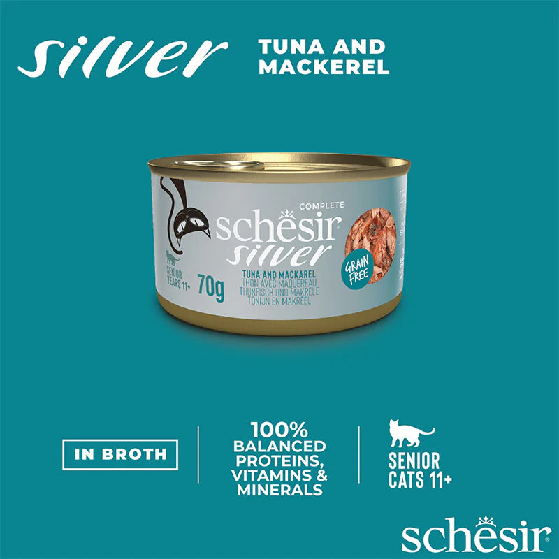 Schesir -老貓主食罐系列- 吞拿魚鯖魚 Tuna and Mackerel for Senior 70g (每24罐@$14.5, 48罐@$14可混其他同價Schesir罐)