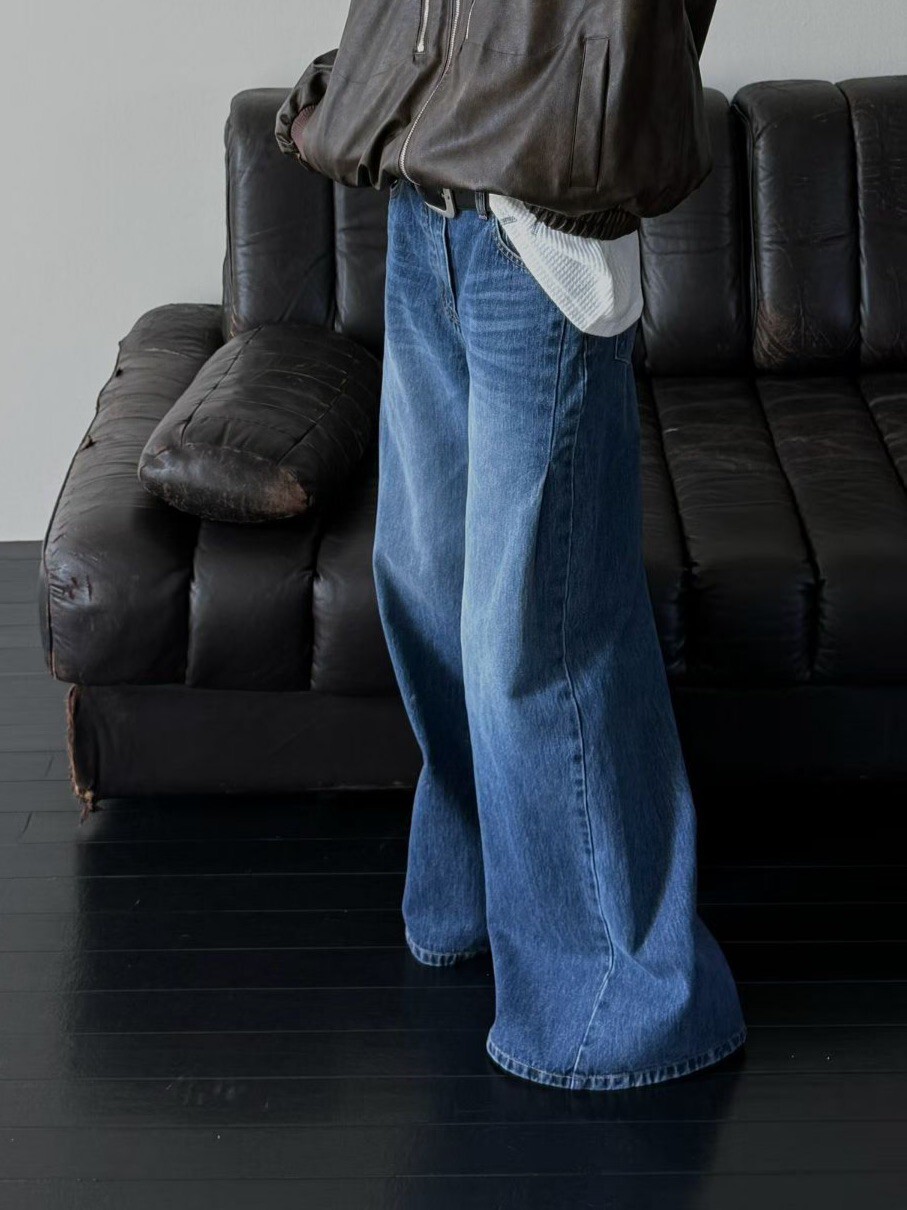 口袋壓褶牛仔寬褲