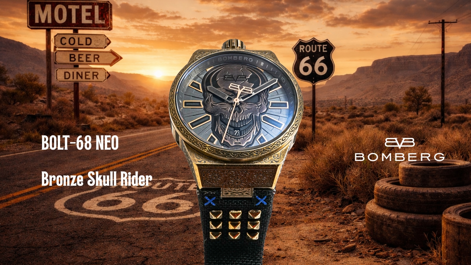 Bomberg,炸彈錶,瑞士製造,自動機械錶,骷髏,Bolt-68 NEO,青銅色,瑪雅生命之樹雕花,龐克重機騎士,舊化美學,叛逆,鉚釘,反叛不羈,重型機車