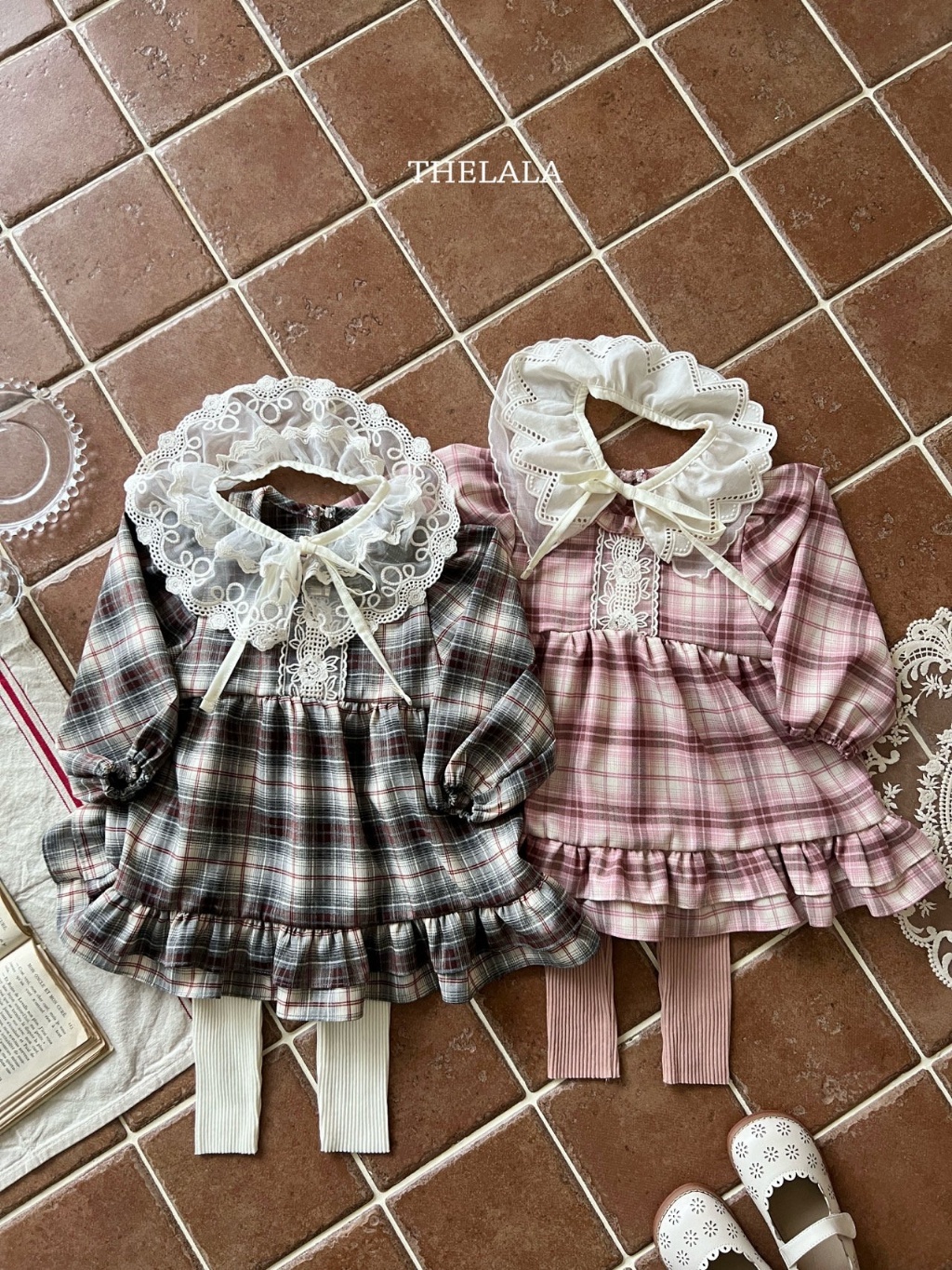 正韓春lalla 小童大方格蕾絲洋裝