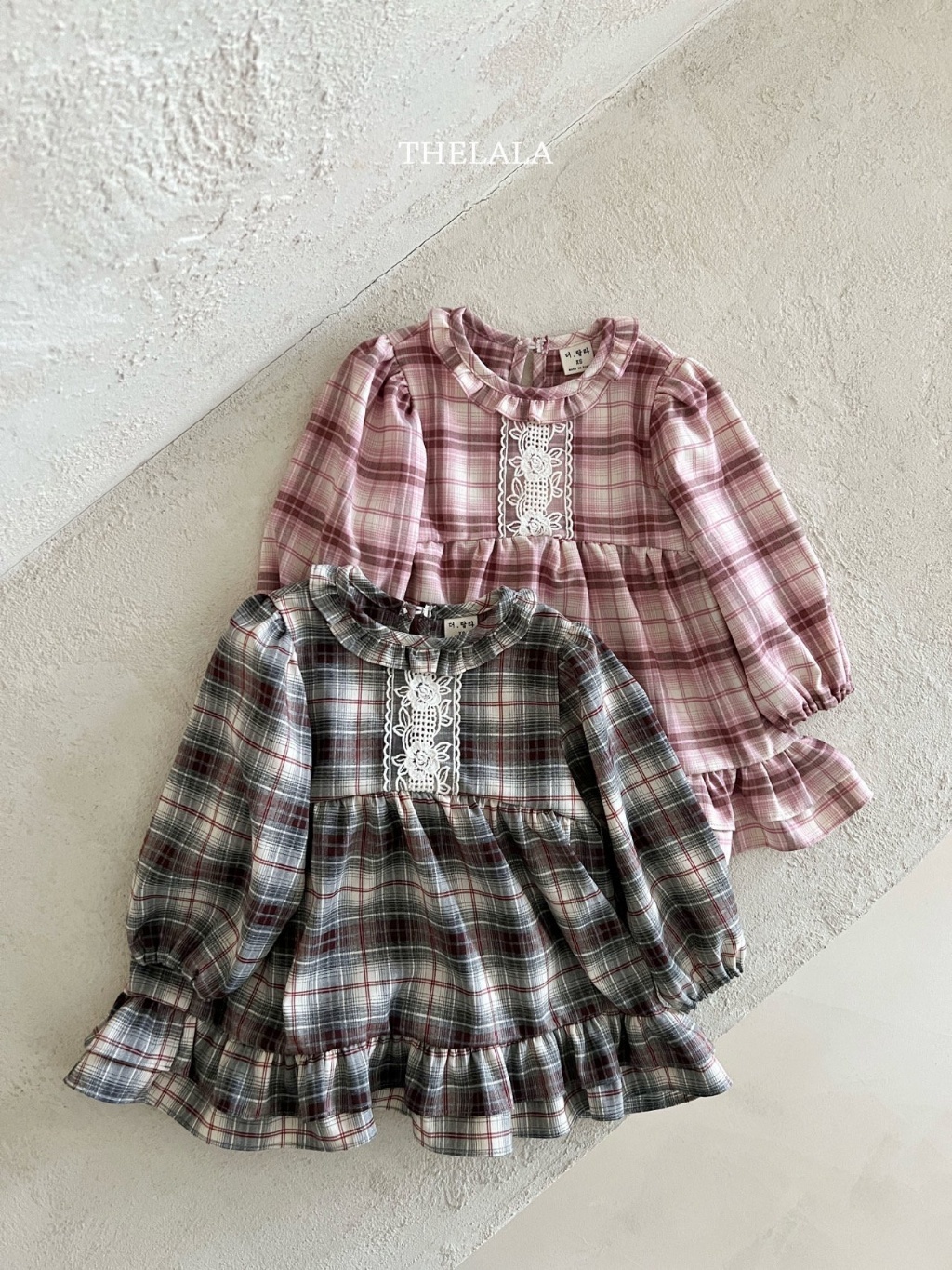 正韓春lalla 小童大方格蕾絲洋裝