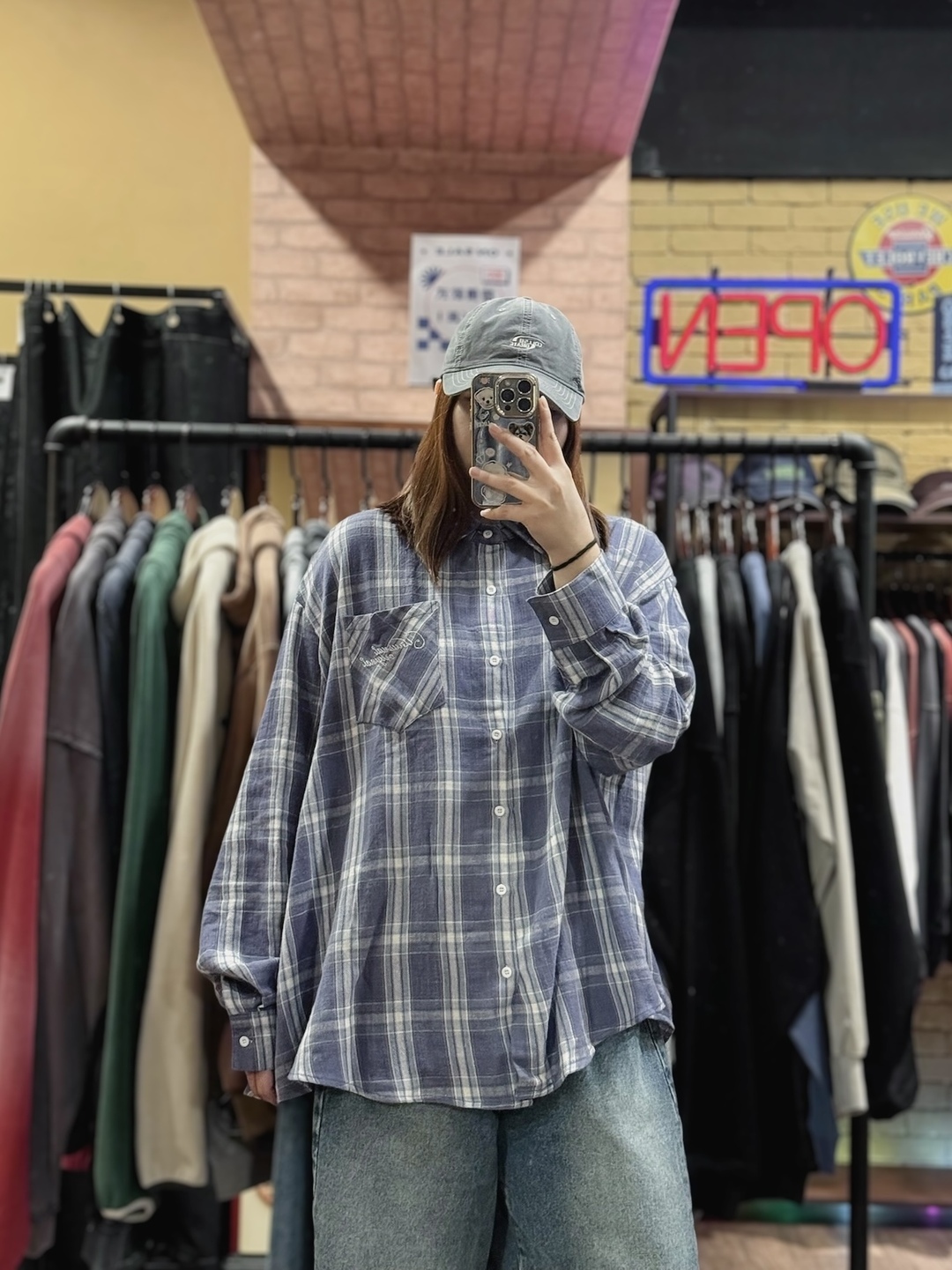 經典格紋藍白長袖襯衫