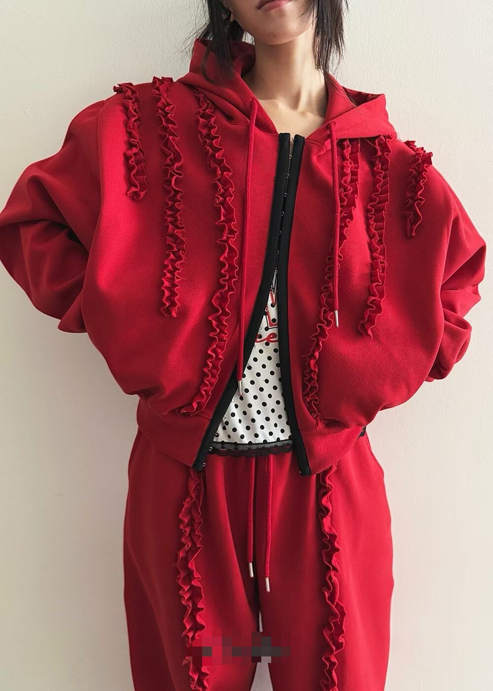 連帽捲捲荷葉外套  長褲(分售)