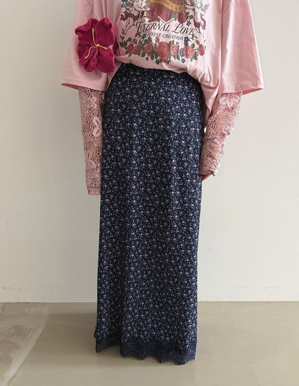 印花蕾絲邊長裙