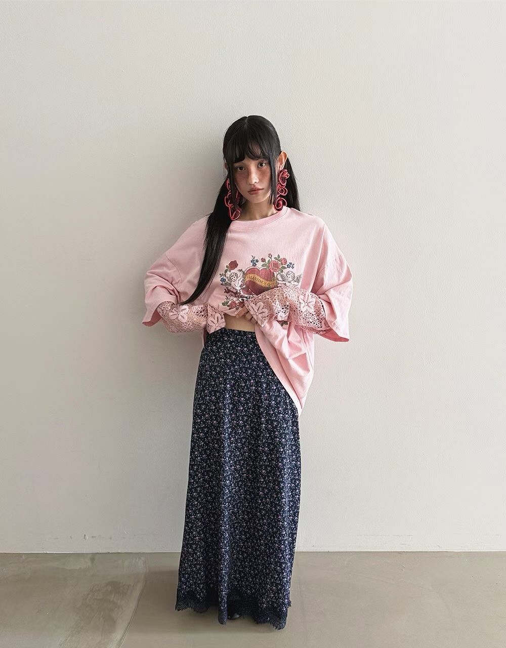 印花蕾絲邊長裙