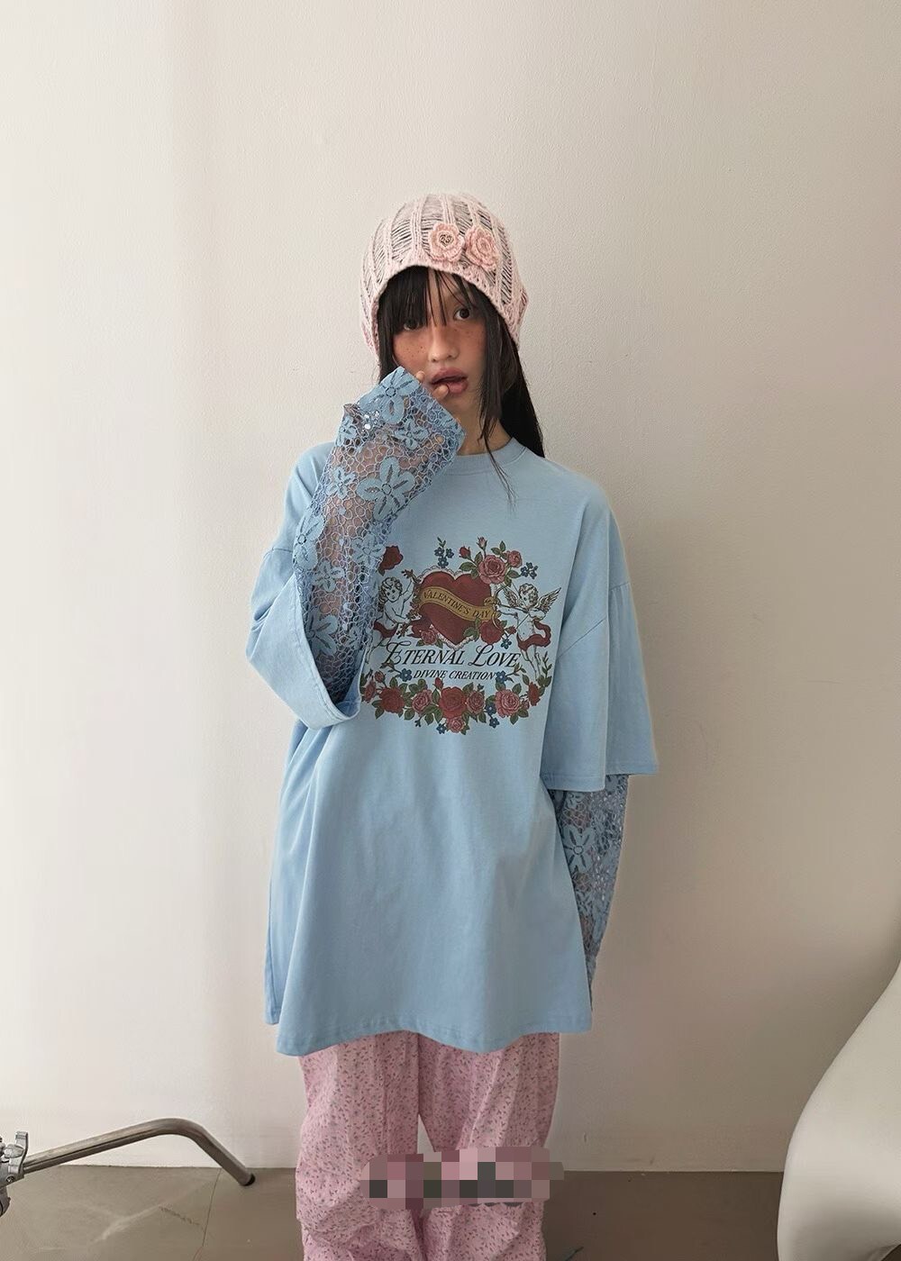 花蕾絲袖愛心花園長版T