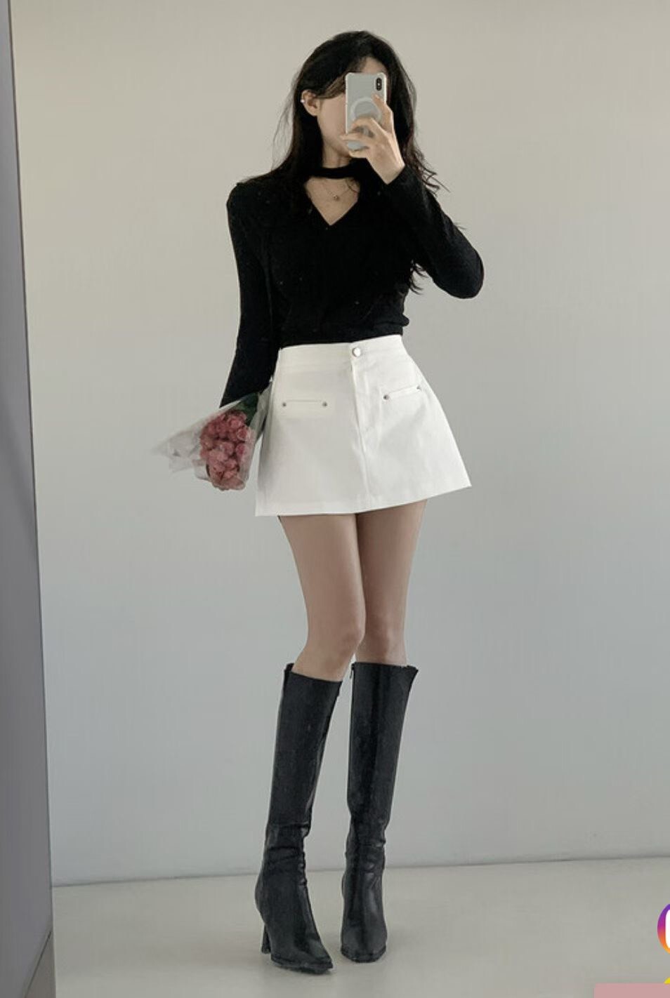 銀釦後鬆緊短裙(內安全褲)