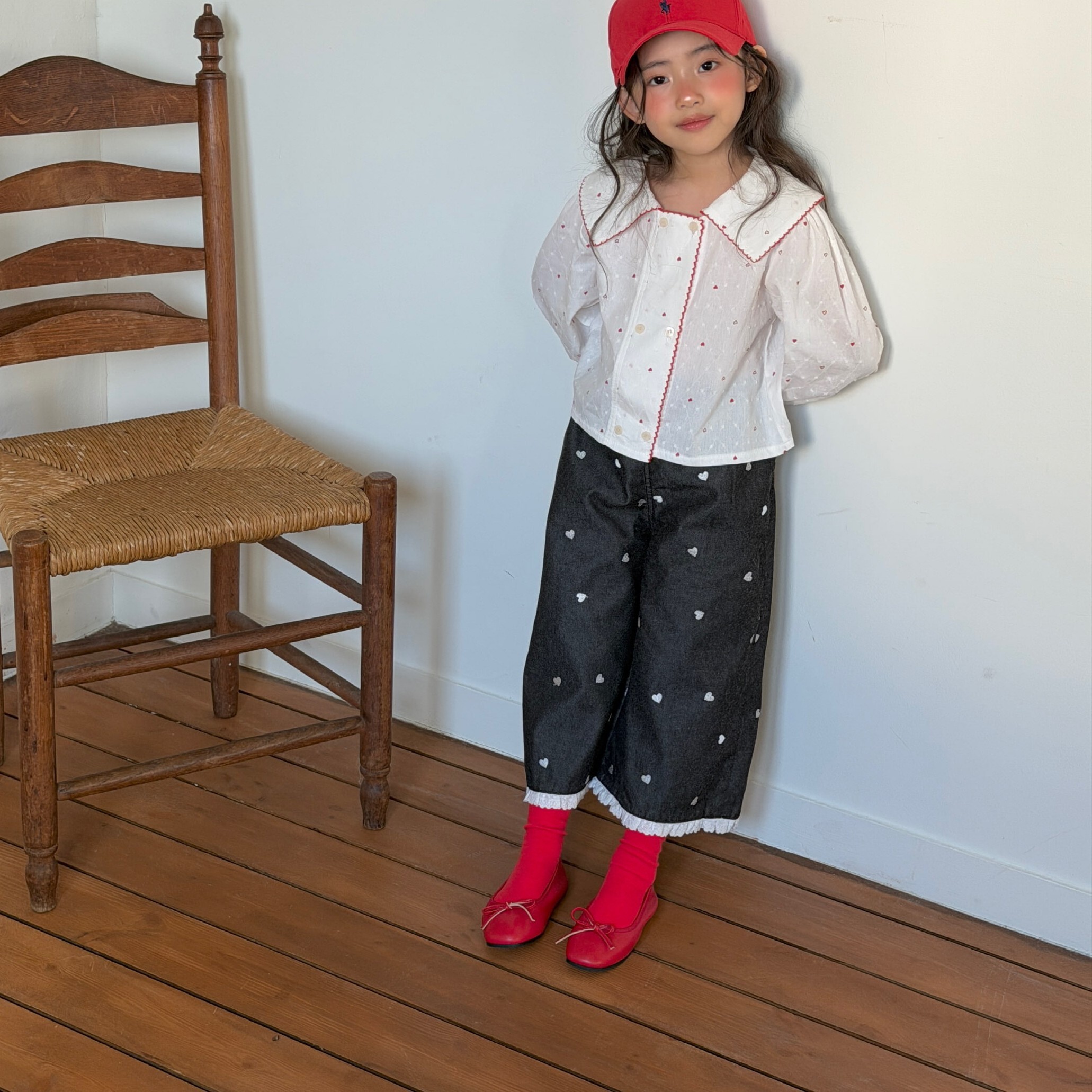 90-130 刺繡愛心蕾絲邊牛仔褲