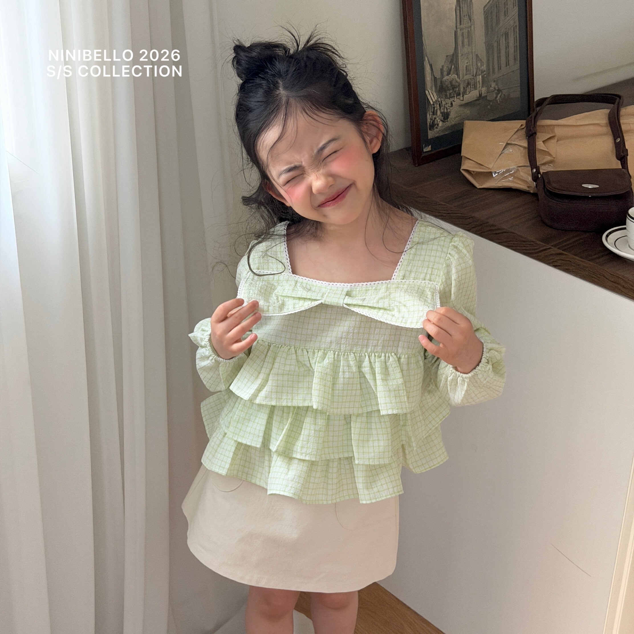 90-130 蝴蝶結荷葉層疊上衣 2色