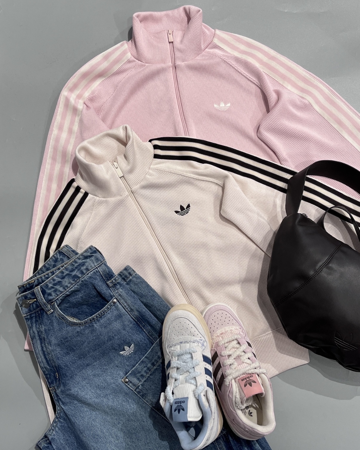 Adidas Originals KNIT BALOON 三葉草 立領 華夫格 雙拉鍊 休閒 外套 粉色 米色