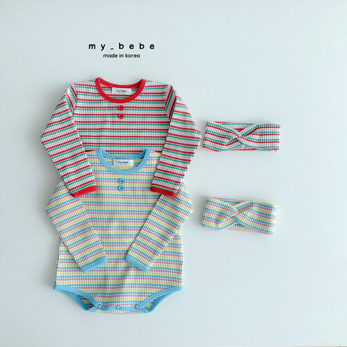 正韓春My bebe 兩色彩色條紋包屁衣(含髮帶)