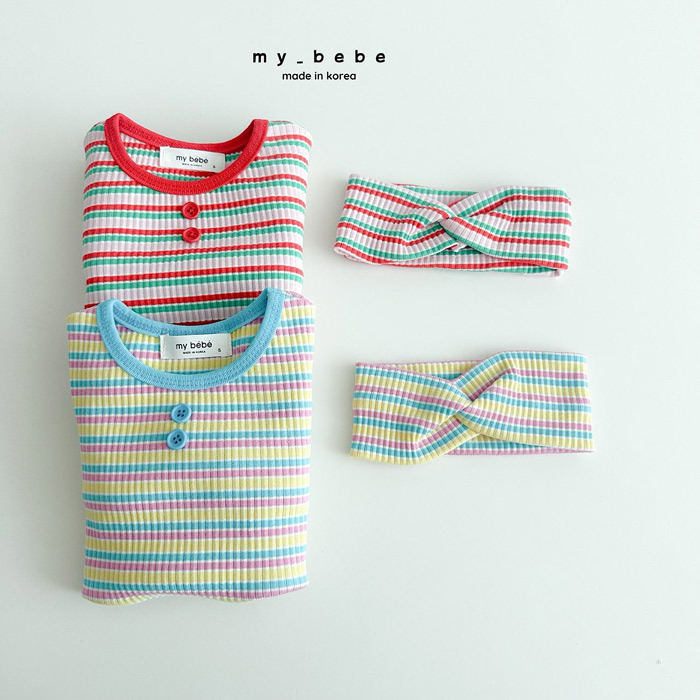 正韓春My bebe 兩色彩色條紋包屁衣(含髮帶)