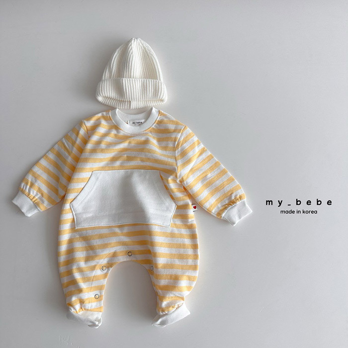 正韓春My bebe 三色條紋大口袋連身衣