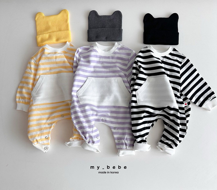 正韓春My bebe 三色條紋大口袋連身衣