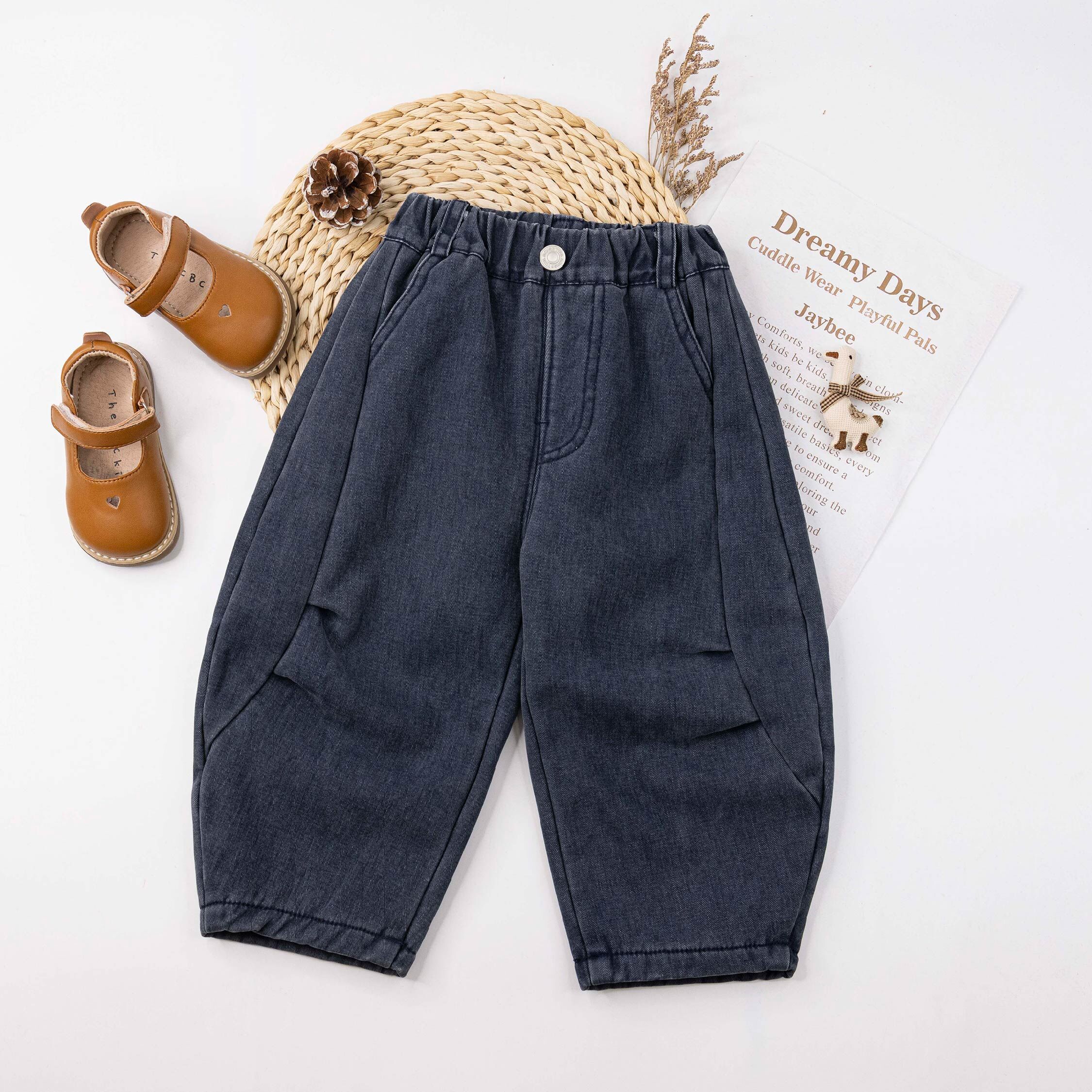 【H55909】質感仿舊設計內刷毛錐形褲