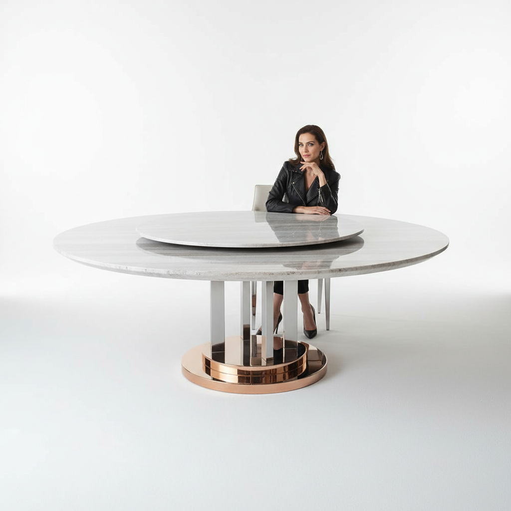 黑鈦玫瑰金水晶木紋天然真石圓桌