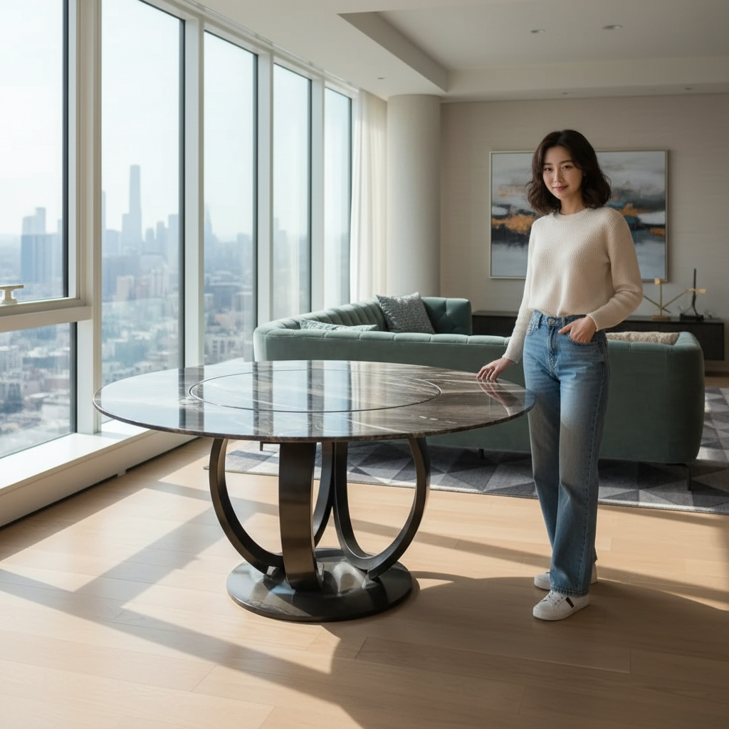 黑鈦內外圓紫山水圓桌