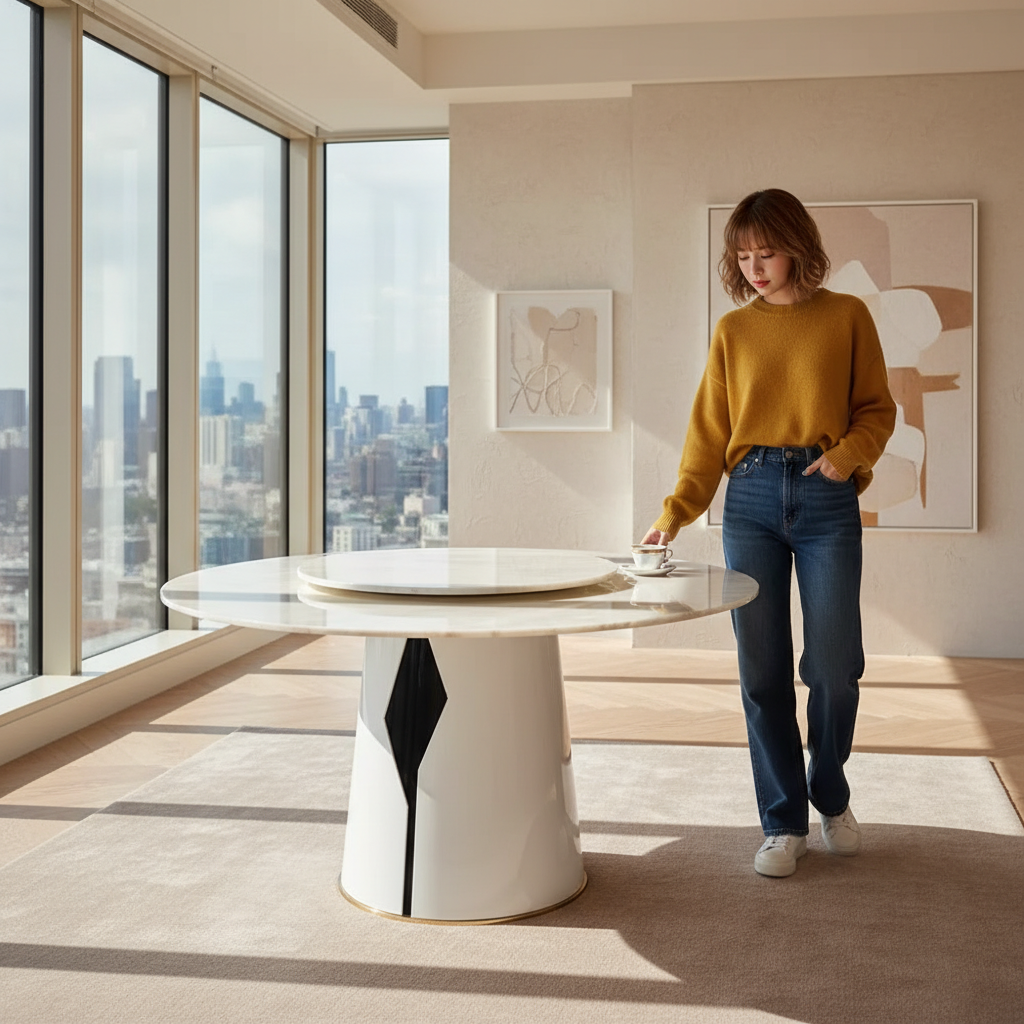 羅蘭白砂翡翠白玉天然真石圓桌