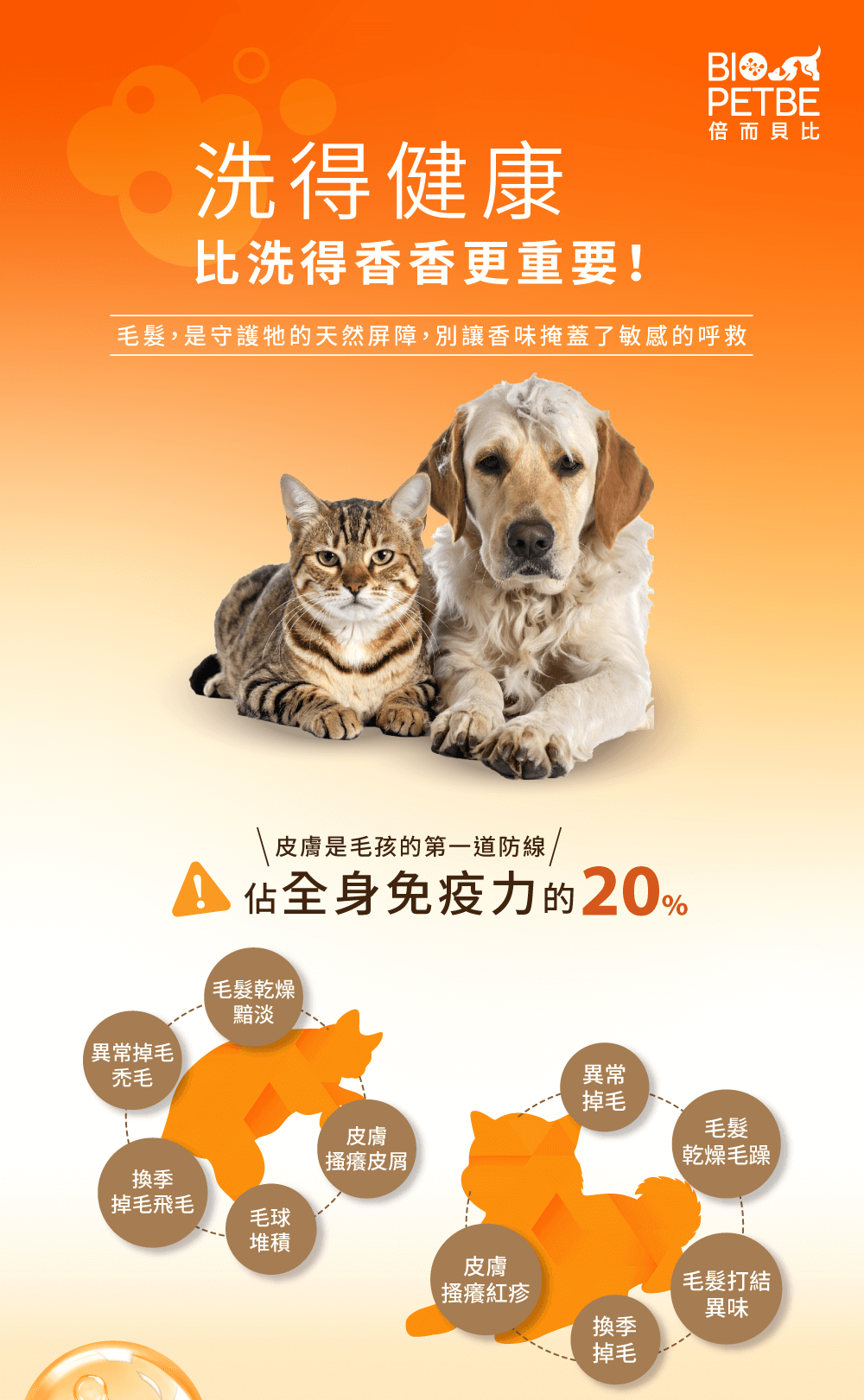 洗得健康比洗得香香更重要，皮膚是寵物第一道防線，占全身免疫力的 20%