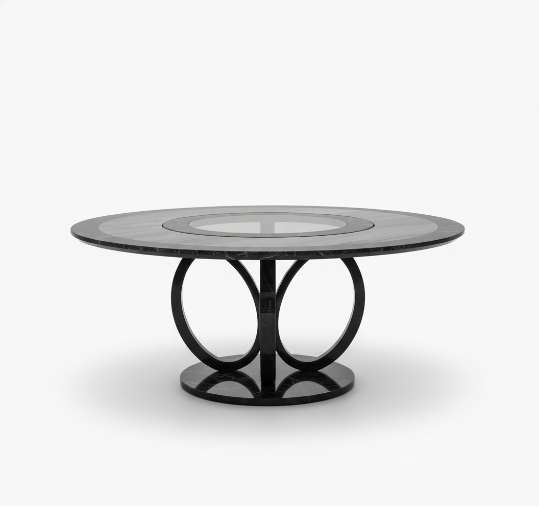 黑鈦水晶木紋/金峰石雙色天然真石圓桌