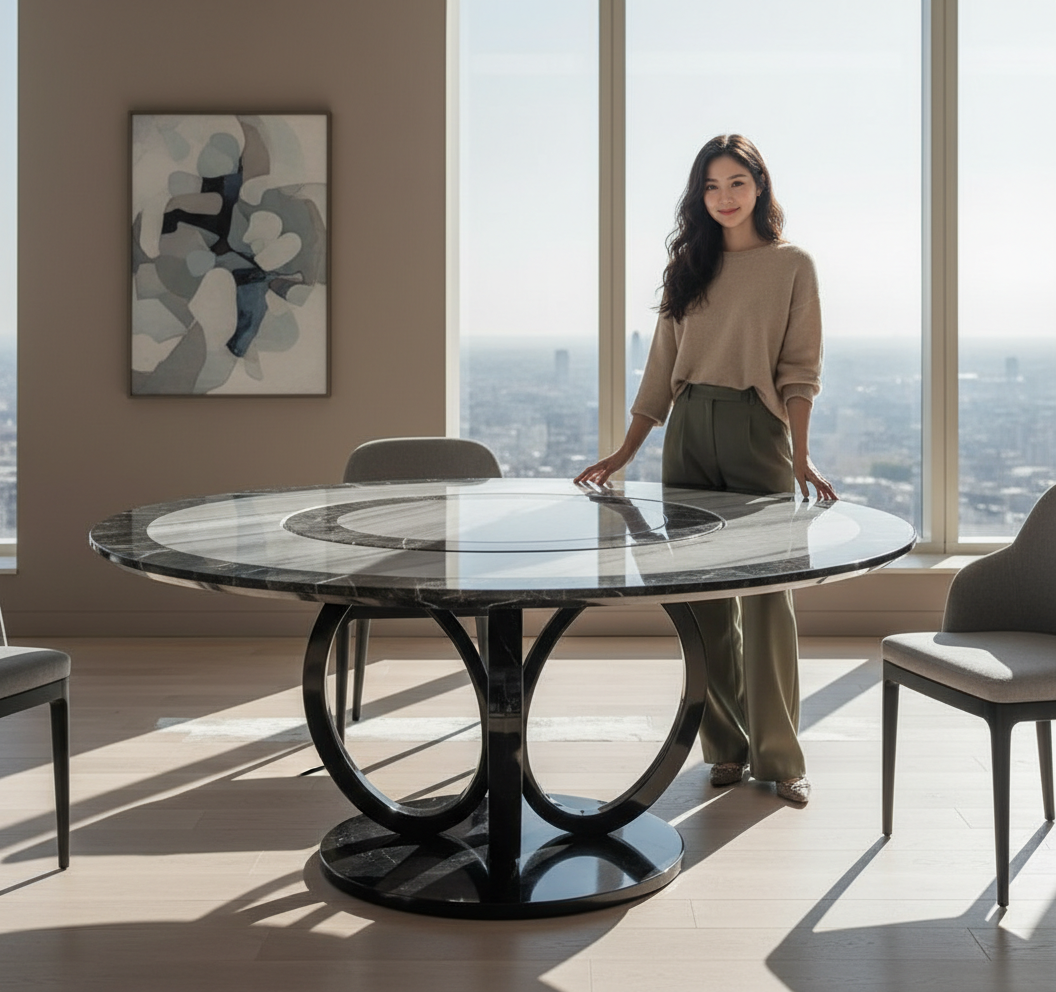 黑鈦水晶木紋/金峰石雙色天然真石圓桌