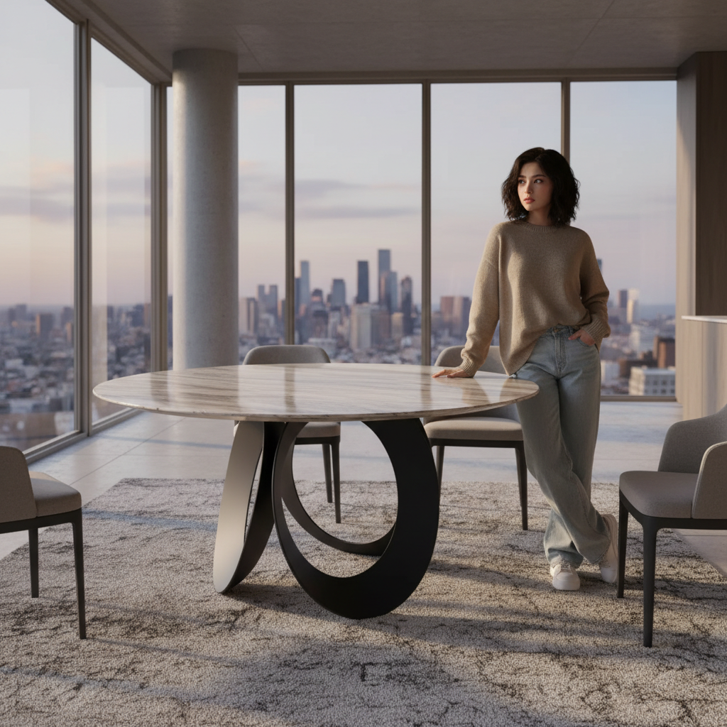 天然石圓餐桌-黑砂圓弧腳