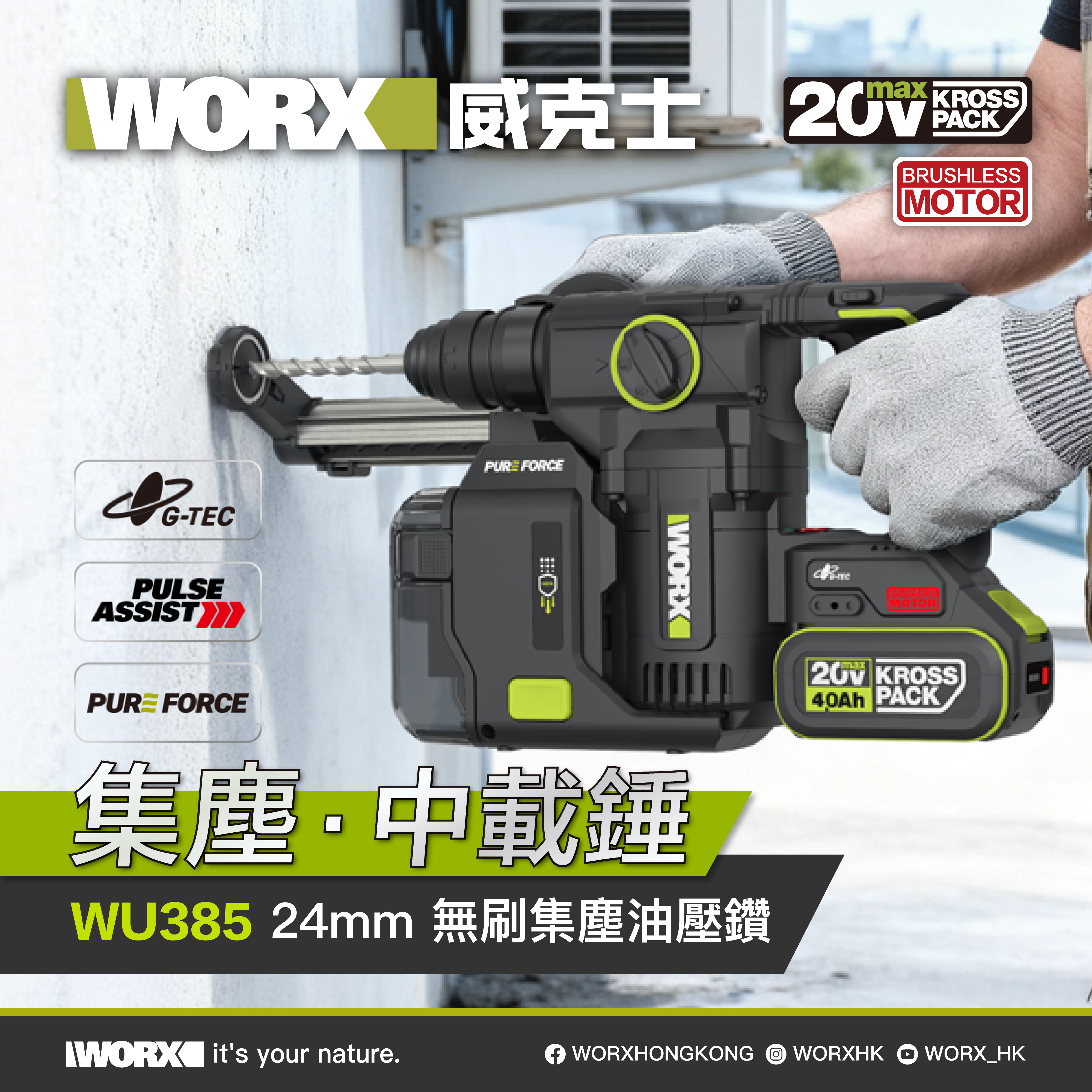 WORX WU385 24mm 無刷鋰電集塵油壓鑽