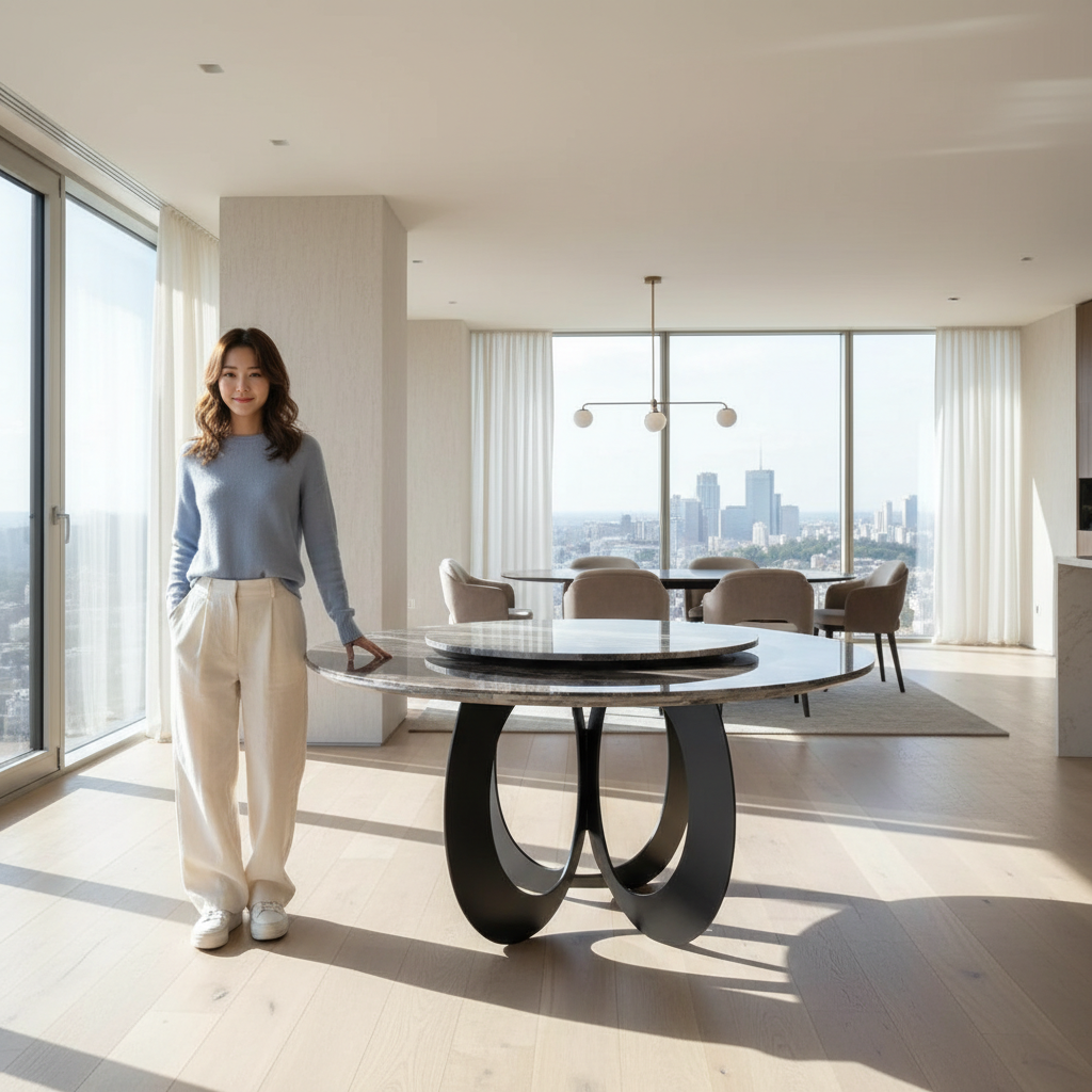 【新品上市】 天然石圓餐桌-黑砂圓弧腳