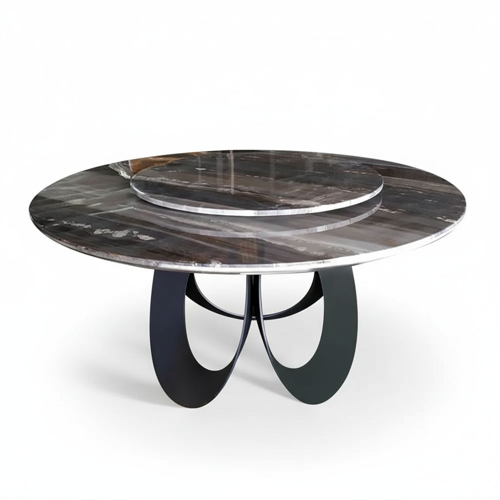 【新品上市】 天然石圓餐桌-黑砂圓弧腳