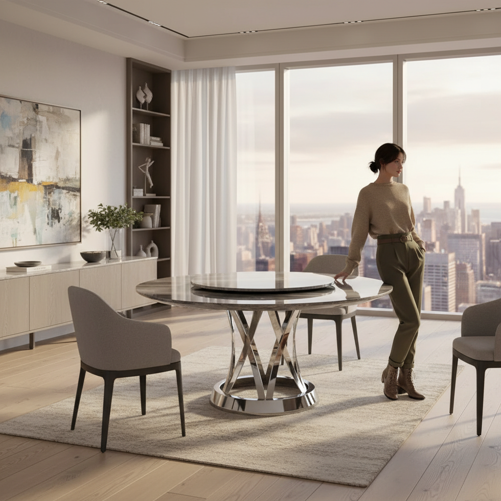 【新品上市】 天然石圓餐桌-白銀桌腳