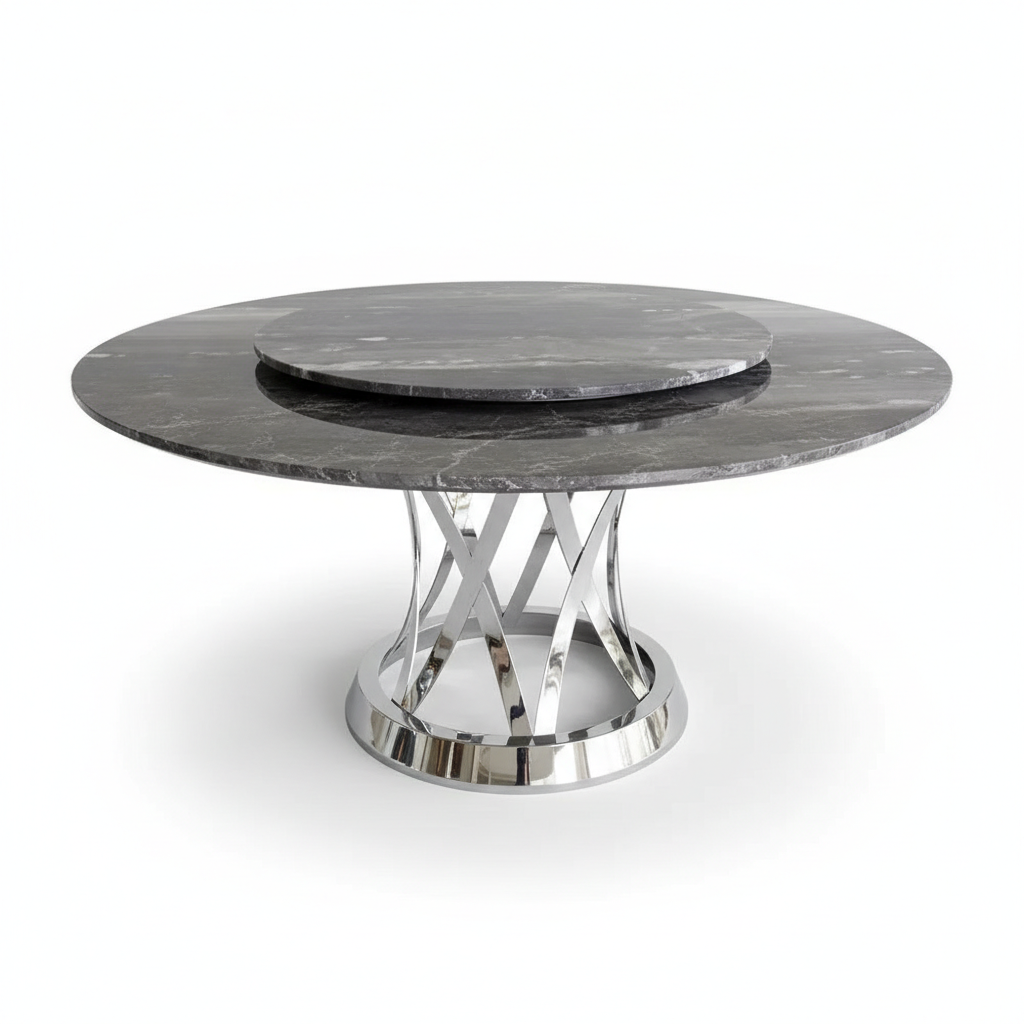 【新品上市】 天然石圓餐桌-白銀桌腳