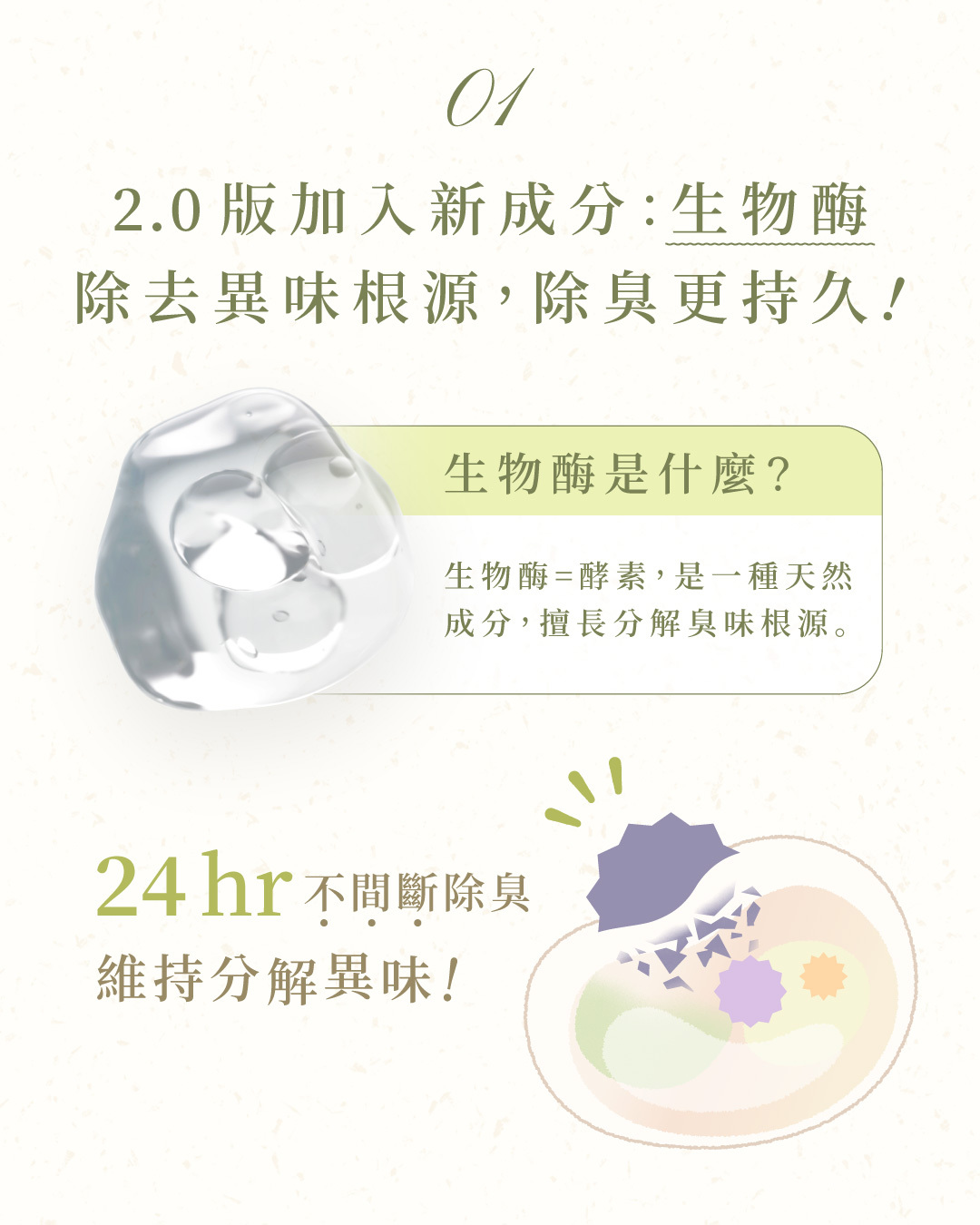 2.0版加入新成分：生物酶，和活性碳一起除去異味根源