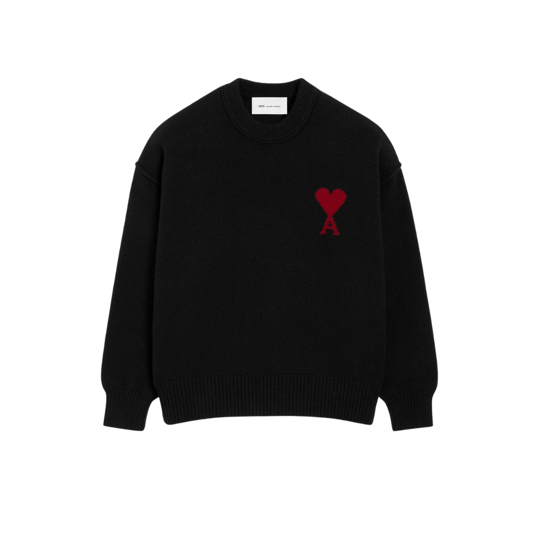 1FF0101-230 [AMI PARIS] Wool Crewneck Sweater With Contrasted Ami De Coeur Black (SS26) #UKS838.018.009 (C-EU-E)