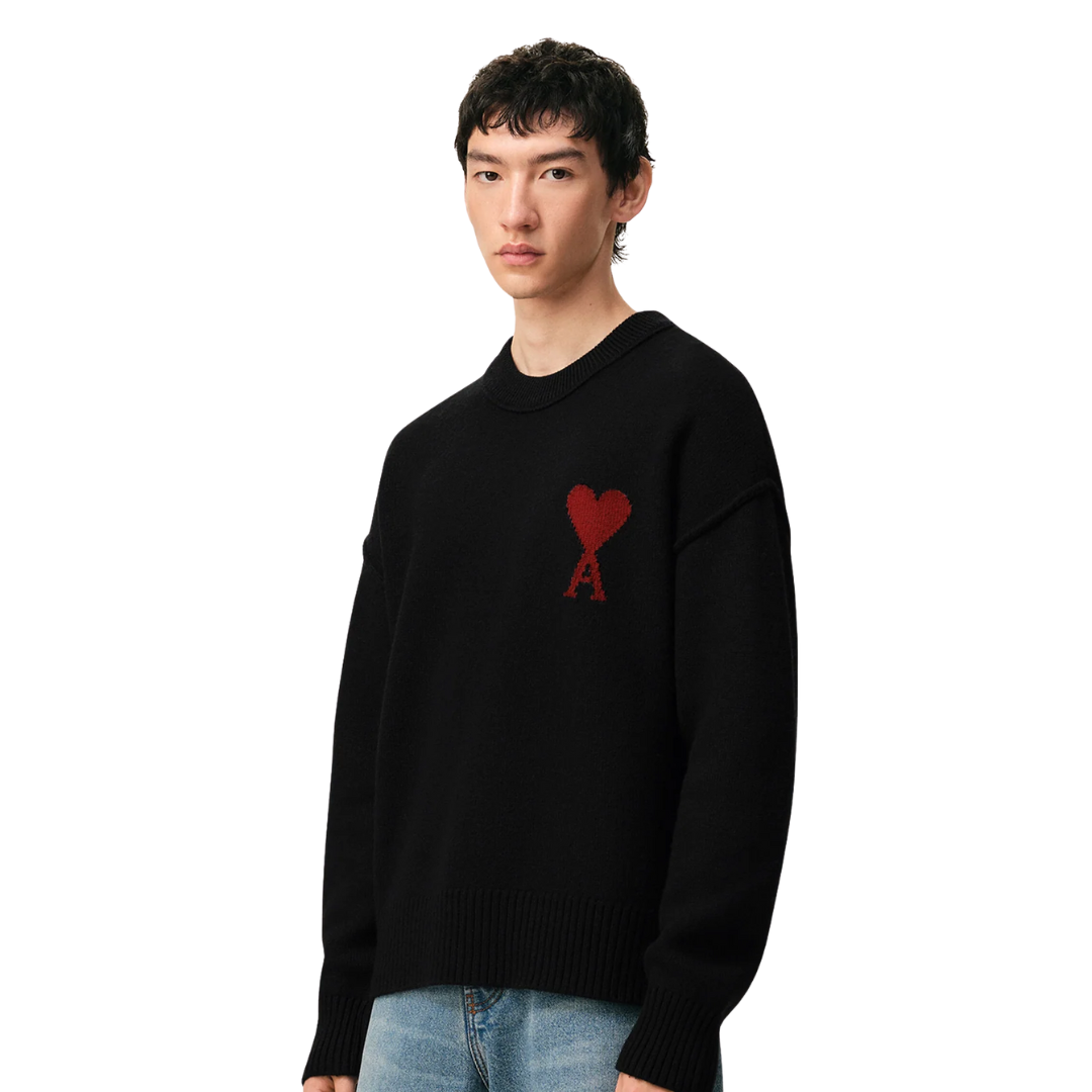1FF0101-230 [AMI PARIS] Wool Crewneck Sweater With Contrasted Ami De Coeur Black (SS26) #UKS838.018.009 (C-EU-E)