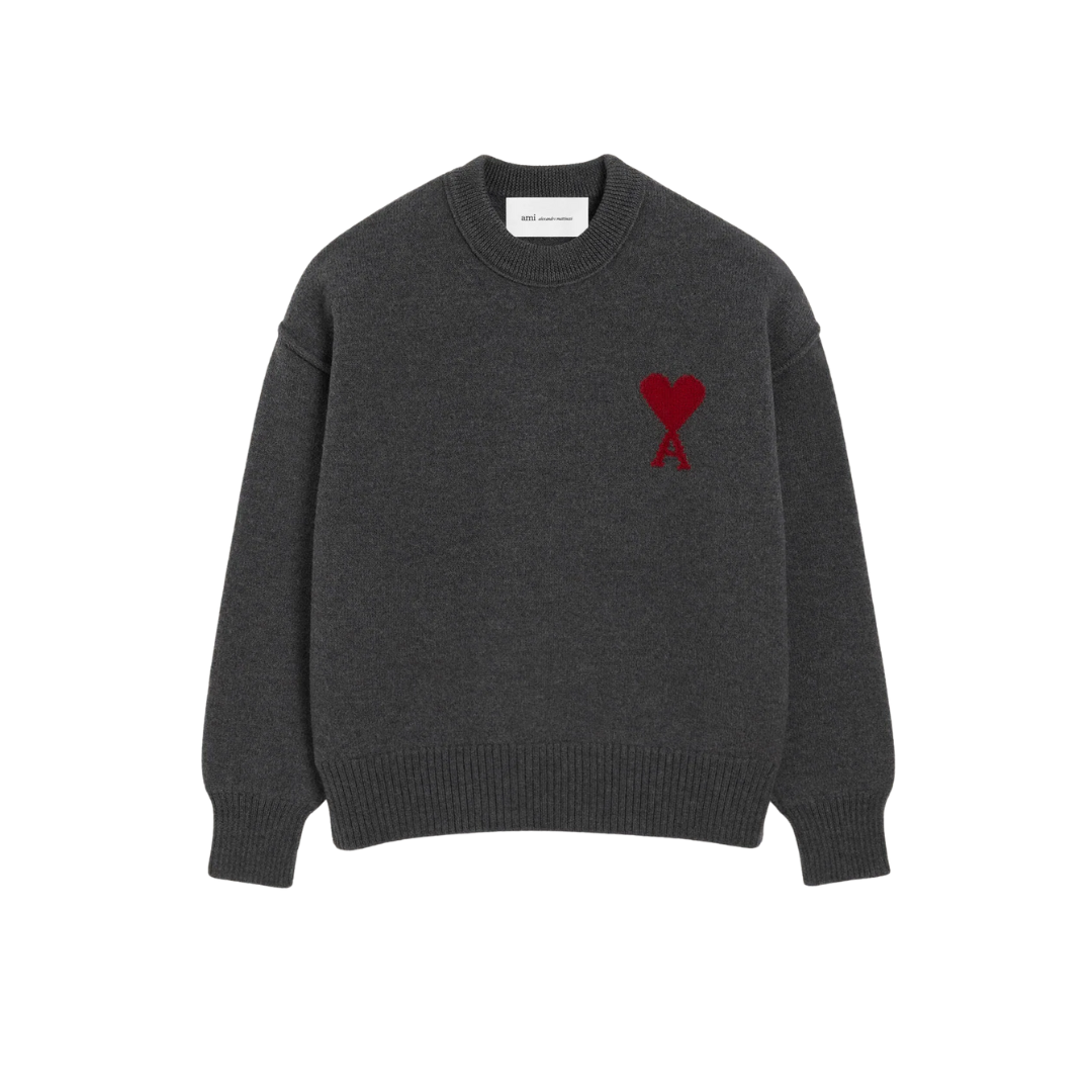 1FF0101-231 [AMI PARIS] Wool Crewneck Sweater With Contrasted Ami De Coeur Grey (SS26) #UKS838.018.084 (C-EU-E)