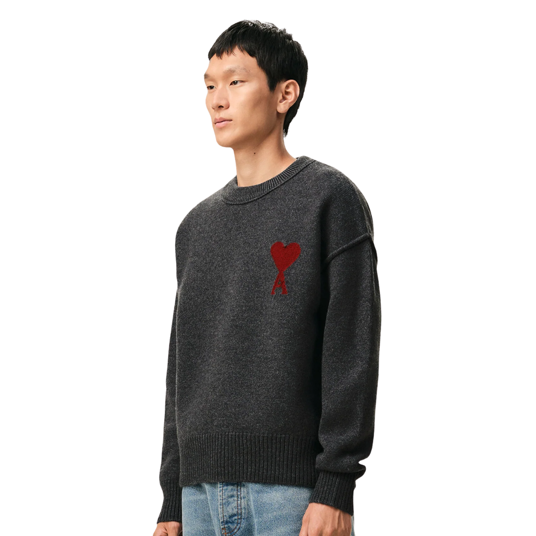 1FF0101-231 [AMI PARIS] Wool Crewneck Sweater With Contrasted Ami De Coeur Grey (SS26) #UKS838.018.084 (C-EU-E)